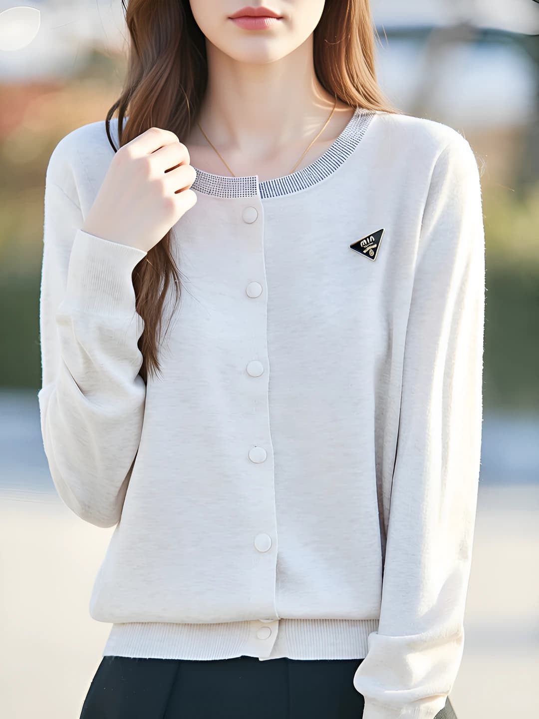Women's 2026 spring-summer knit cardigan, crew neck, long sleeve, loose fit, wool, solid colour, with hot fix rhinestones