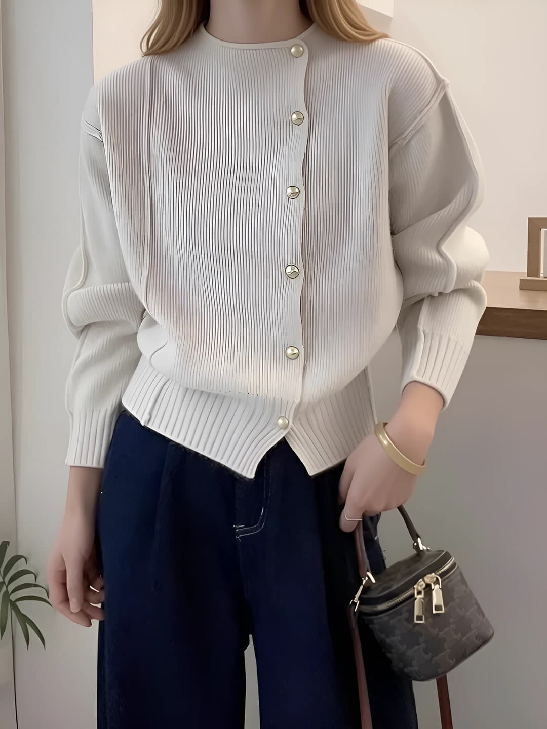 Women's knit cardigan: warm, slimming, spring-autumn, loose fit, mock neck, long sleeve, 50-65 cm