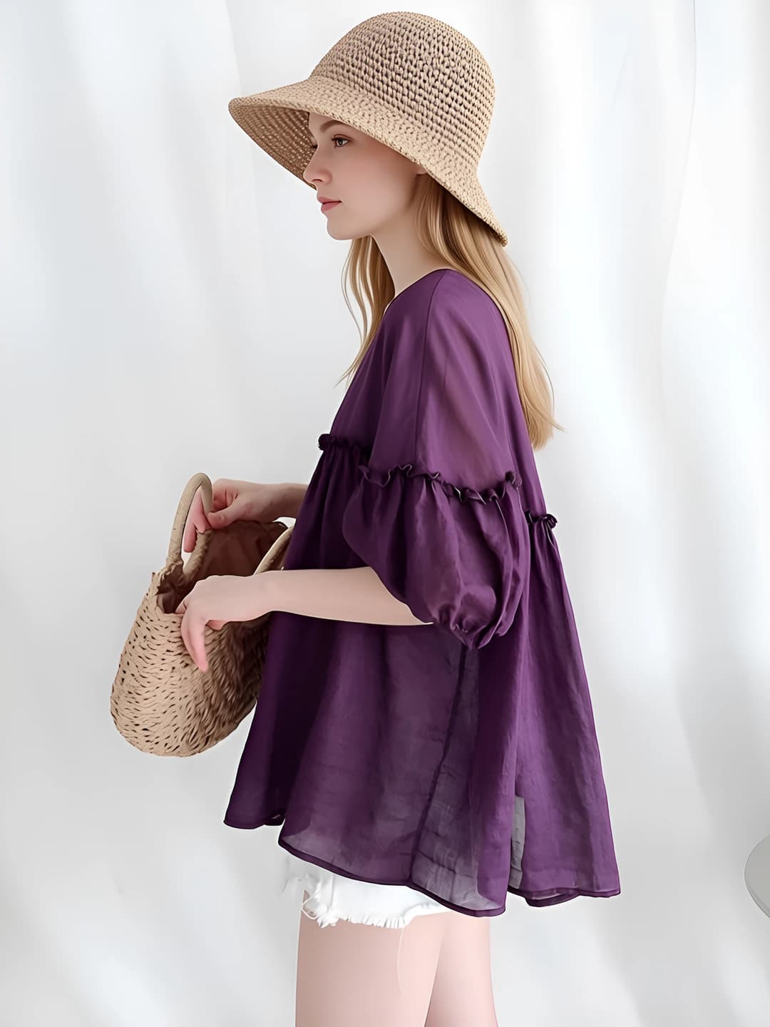 Women's Korean style summer short sleeve crew neck solid colour cotton linen blouse with loose fit