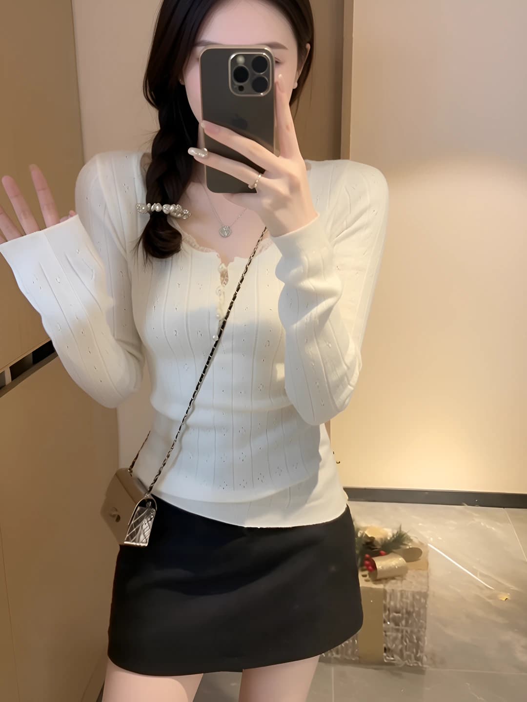 Women's knitted long-sleeve top, slim fit, lace, U-neck, white, spring-autumn