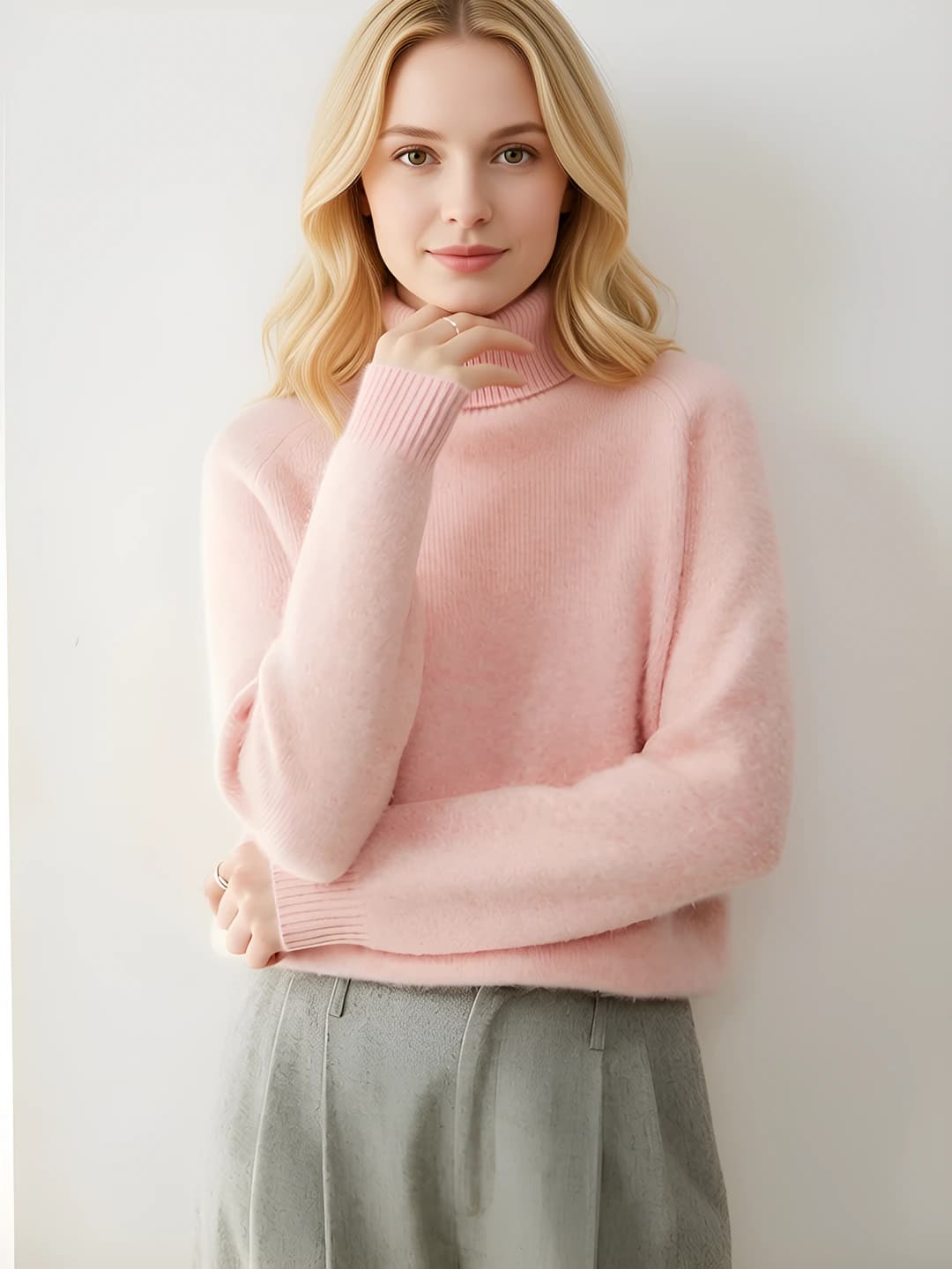 Ayollar uchun kuz-qish kashemir vodolazka, bir rangli, qalinlashtirilgan, bo'sh (oversize) kesim, uzun yeng, qaytarma yoqa, nozik ko'rsatadigan
