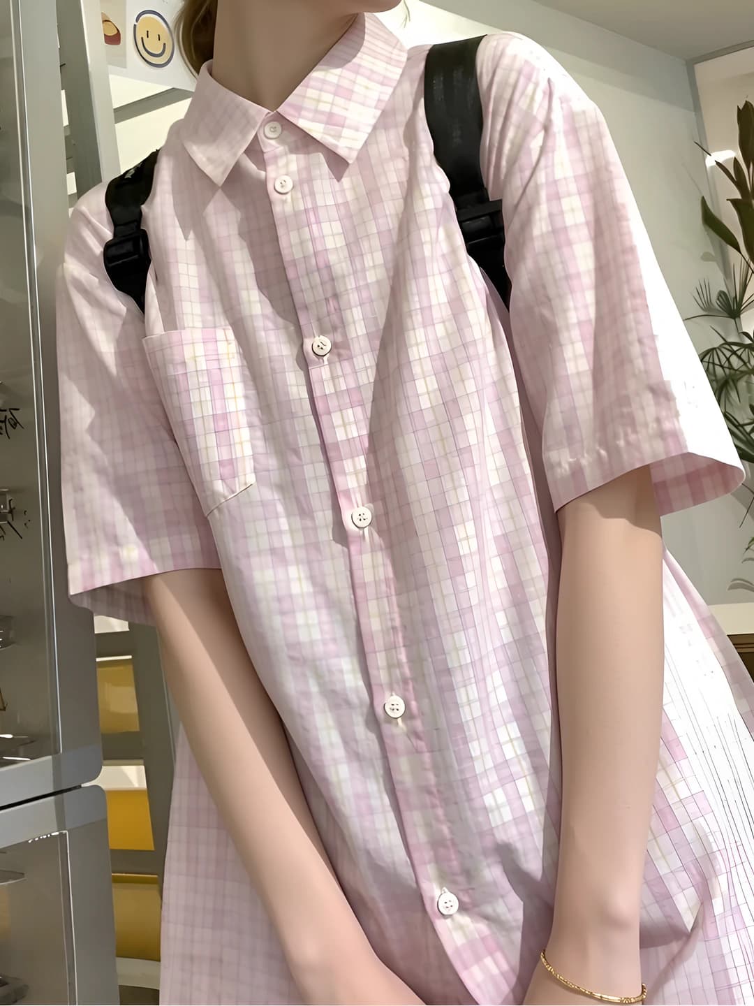 Women's summer thin checked short-sleeve polo collar loose fit shirt