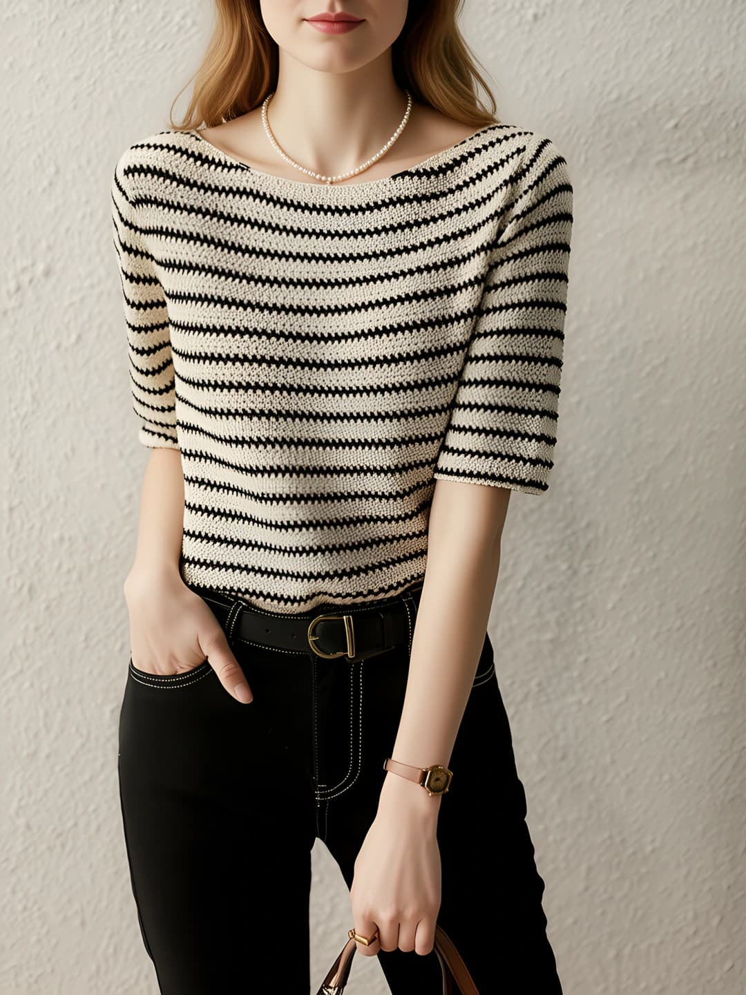 Women's spring-summer striped loose fit crew neck elbow-length sleeve knitted top