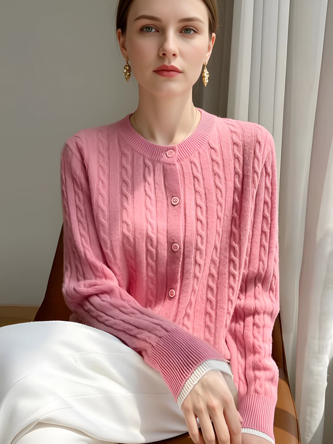 Women's retro cable knit long sleeve knit cardigan, loose fit, crew neck, solid colour, slimming