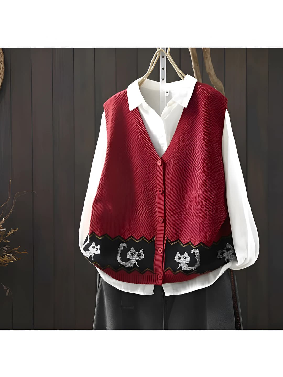 Women's spring-autumn V-neck, embroidered, striped, solid colour, loose fit knit vest