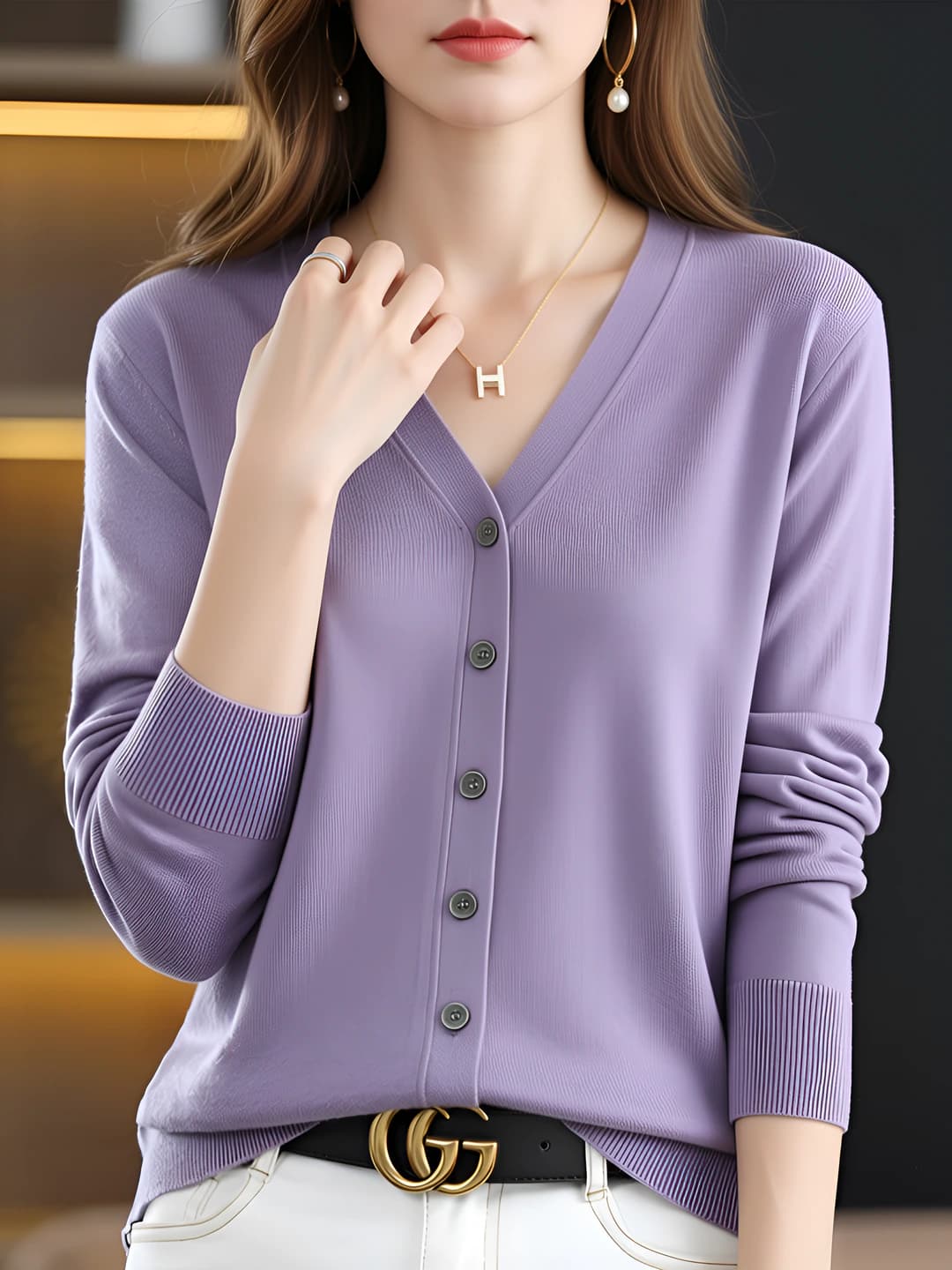 Ayollar uchun junli V-yoqa uzun yengli kardigan, bahor-kuz, bir rangli, bo'sh (oversize) kesim