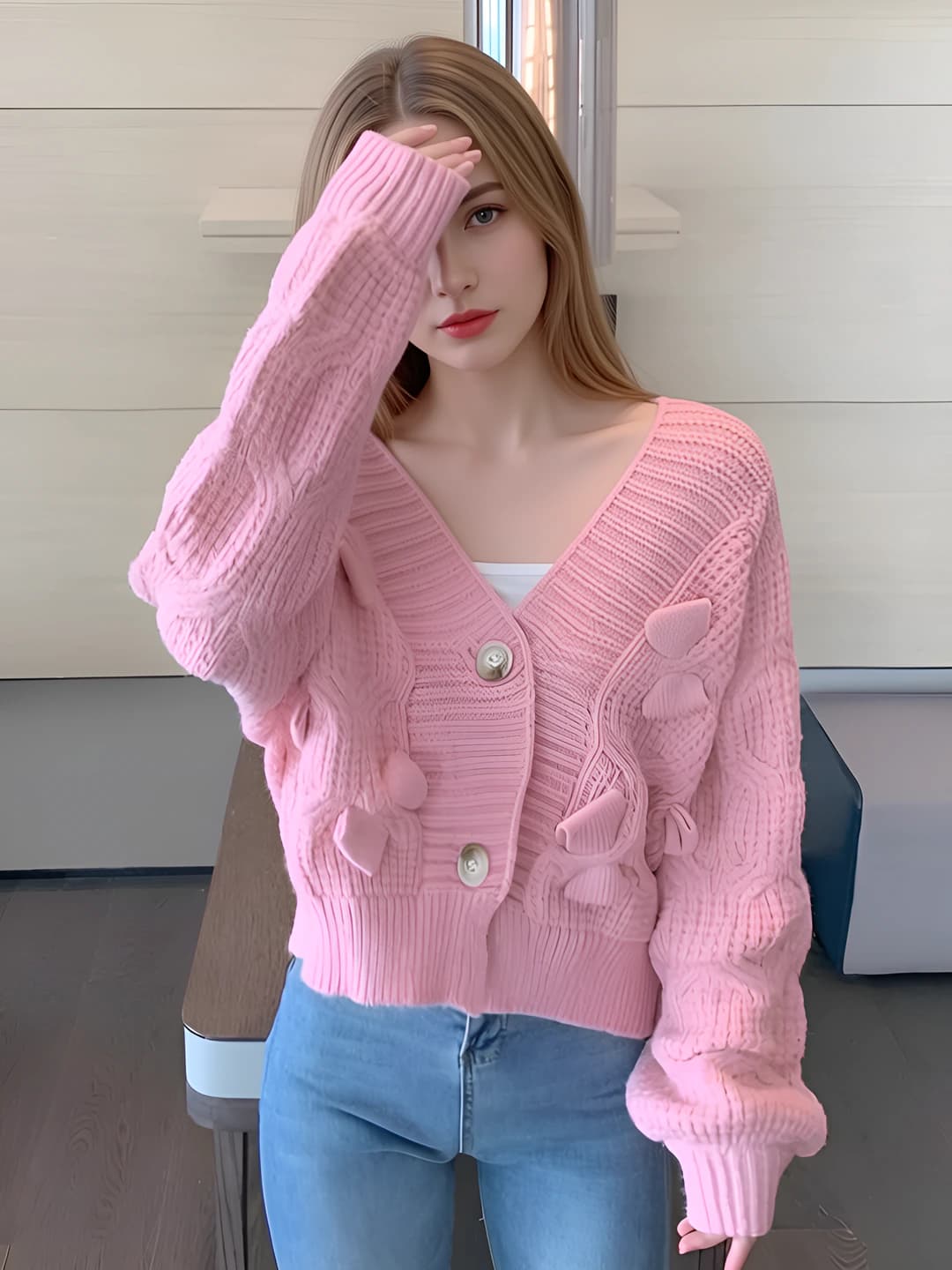 Women's spring-autumn knit cardigan sweater, V-neck, long sleeve, cropped, loose fit, solid colour, preppy style