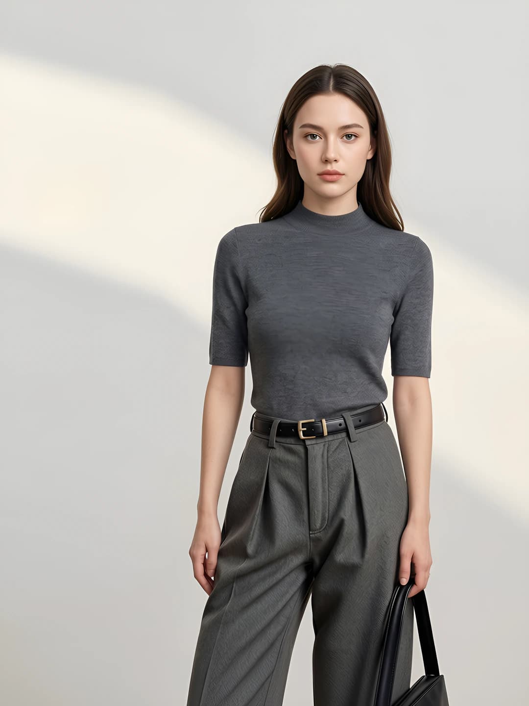 Women's 100% wool summer knit top, mock neck, short sleeve, slim fit, solid colour