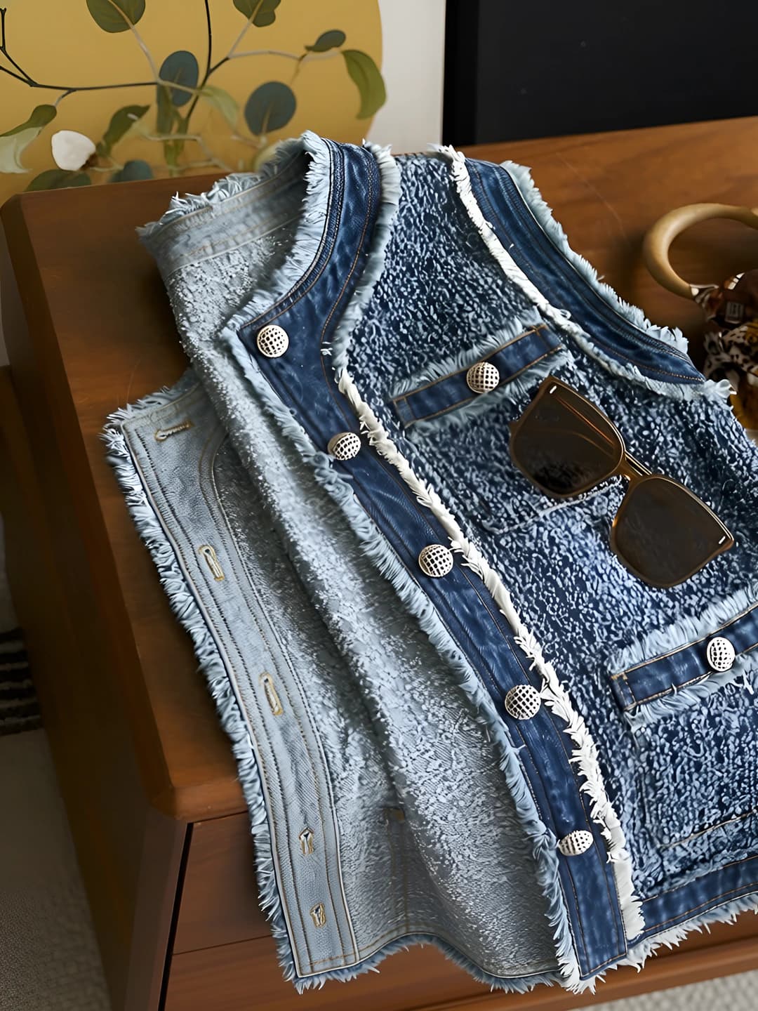 Women's denim vest with button collar, single row multi-button closure, regular fit, urban style