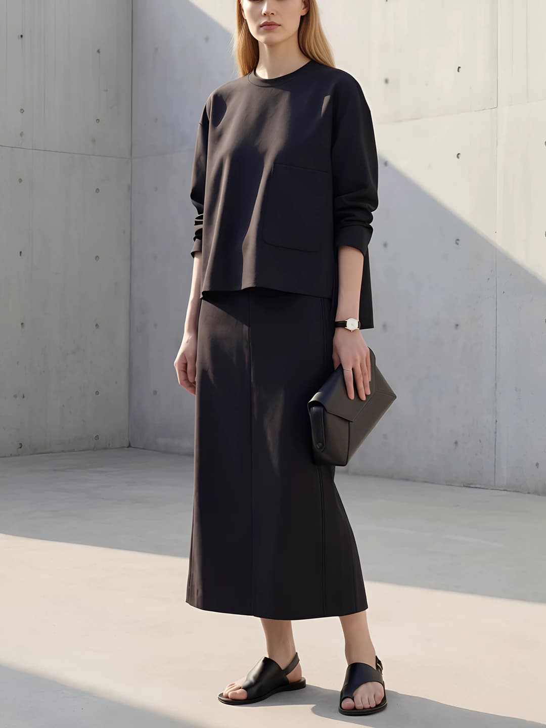 Ayollar uchun uzun yengli, tik yoqali, bir rangli, bo'sh (oversize) ko'ylak-shirt