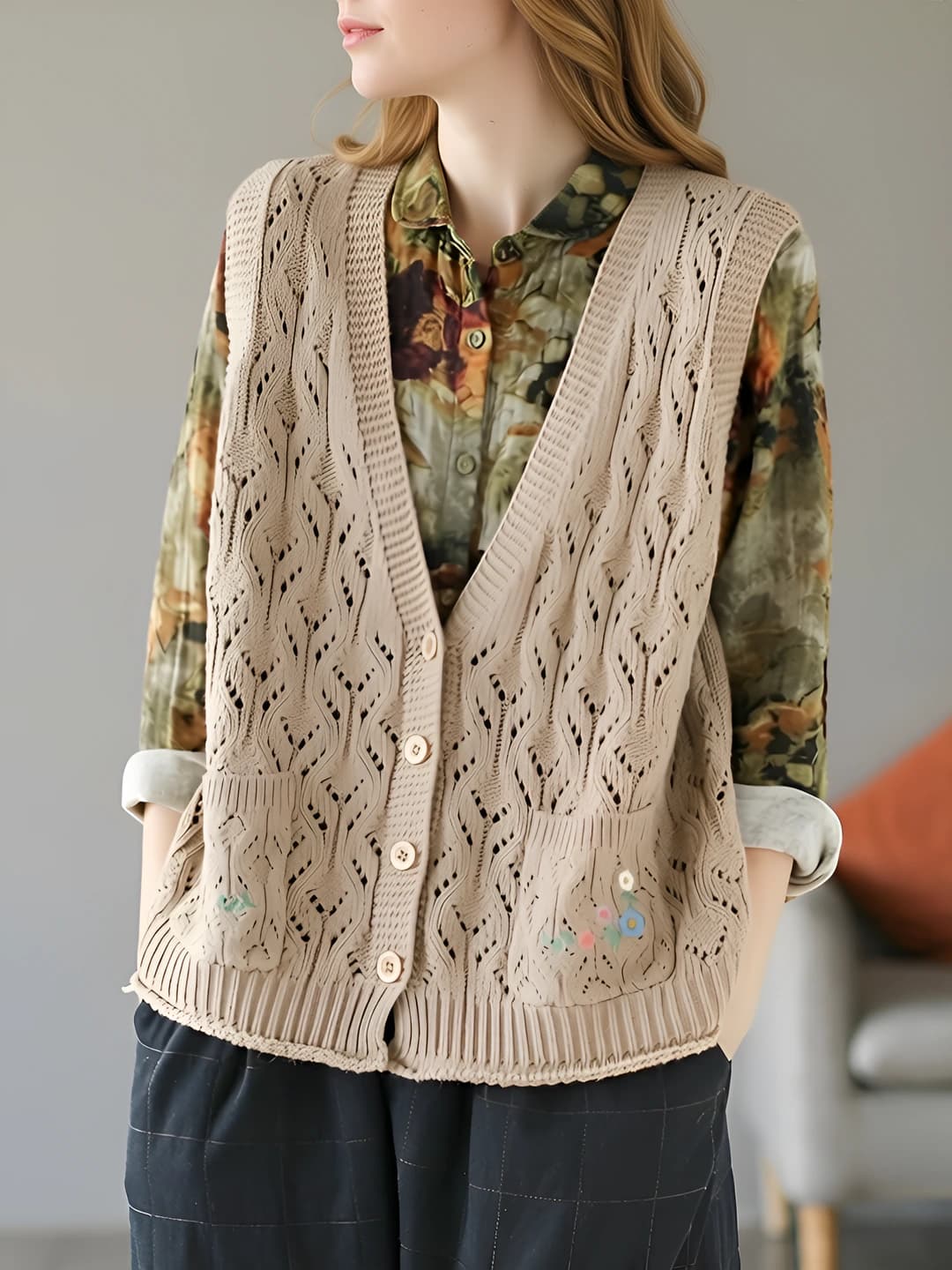 Женский жилет openwork knit ретро с V-образным вырезом без рукавов, свободный крой, весна-лето 2026