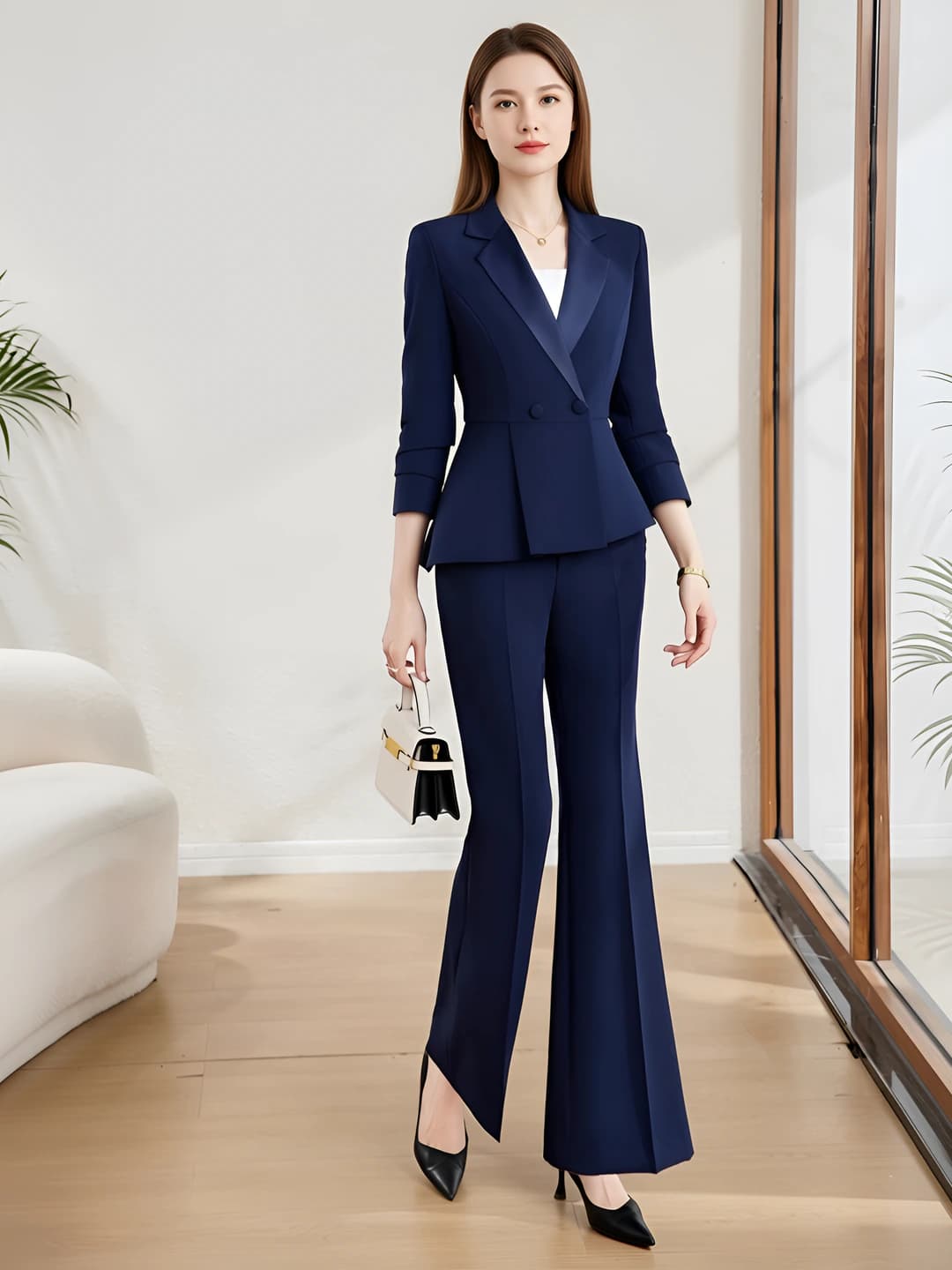 Bluish-black, long sleeve, suit