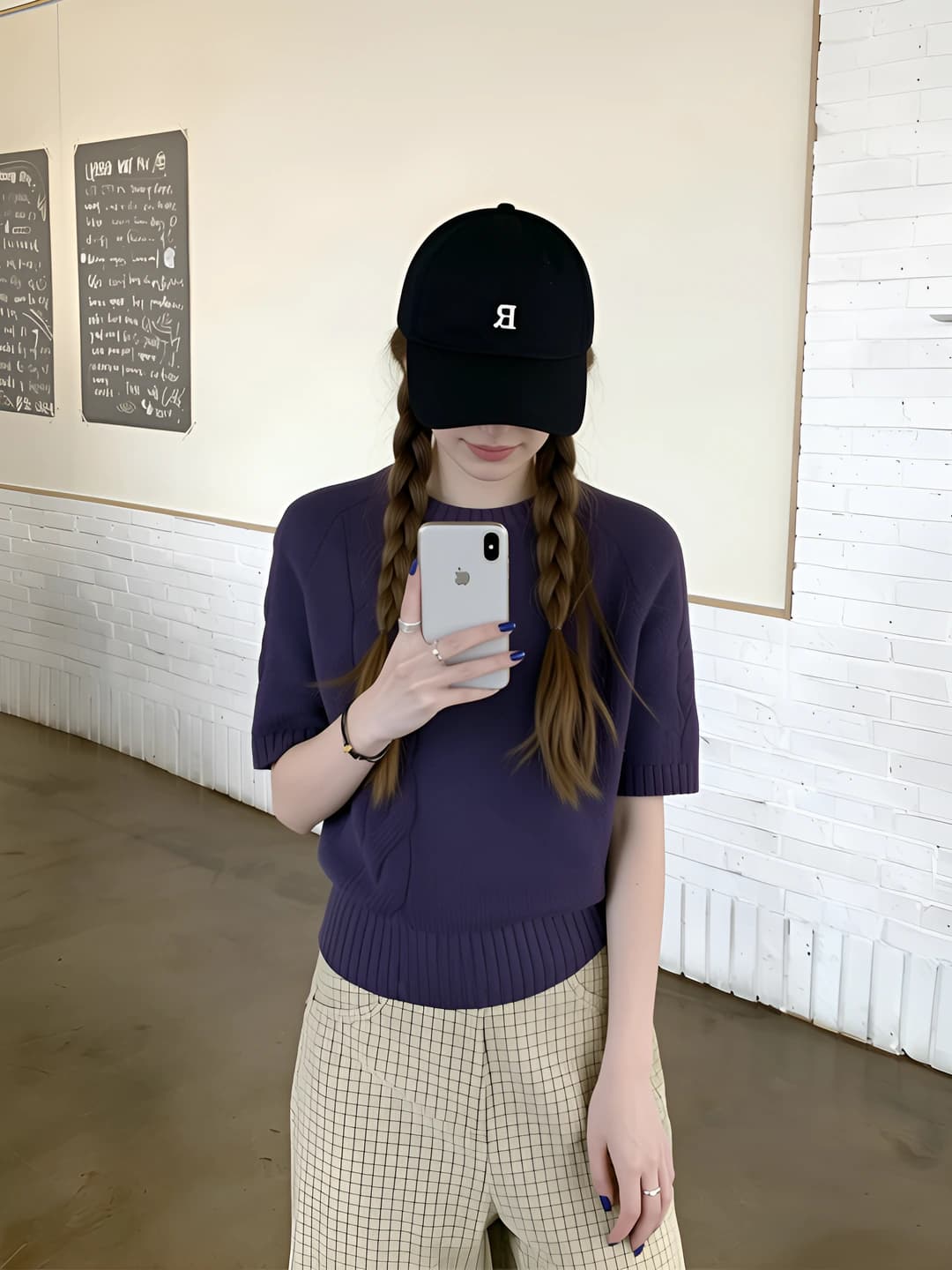 Women's purple cable knit short sleeve knit top, crew neck, slim fit, slimming, retro style