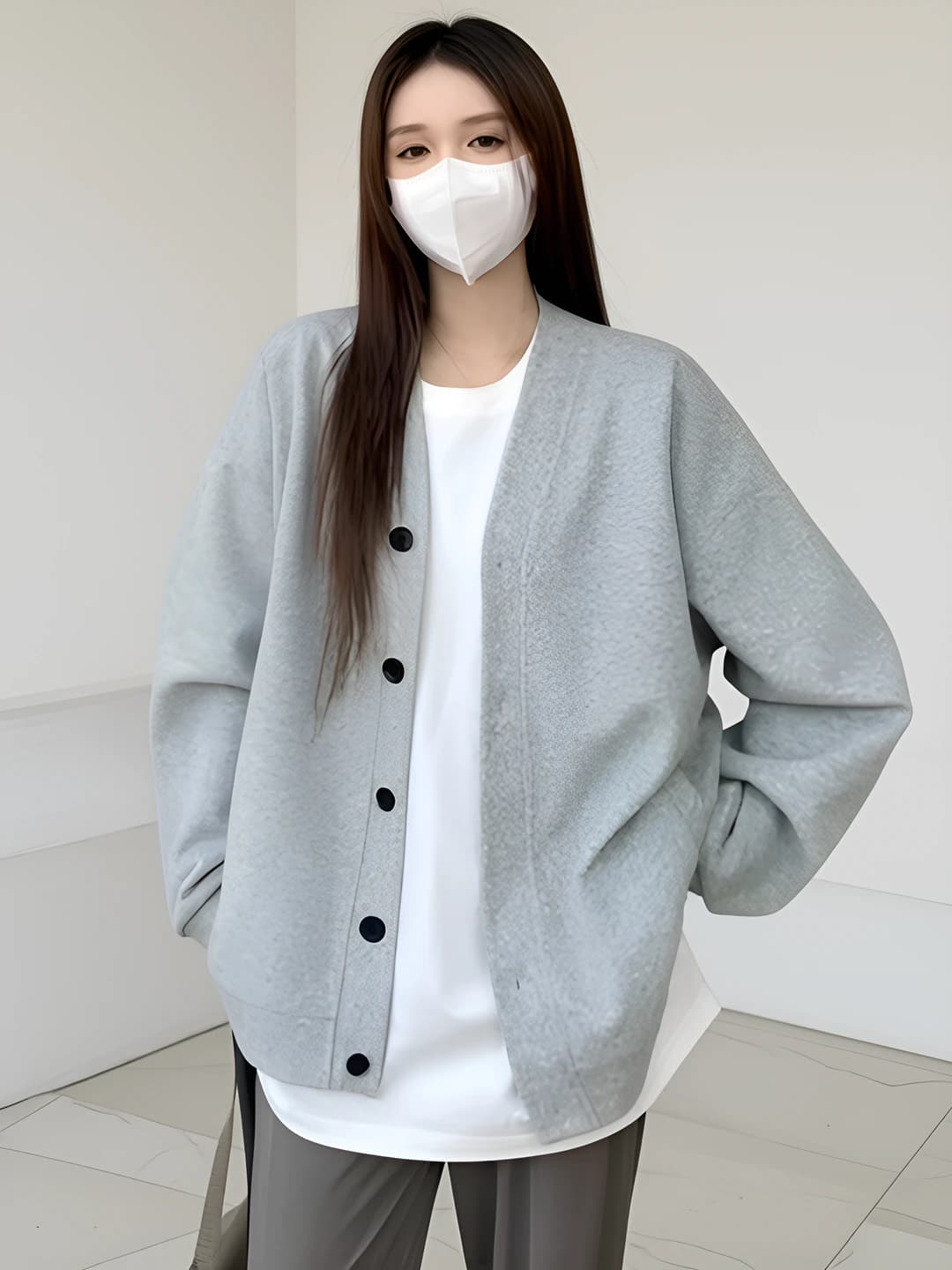 Women's 2026 early autumn V-neck, long sleeve, loose fit, solid colour, thin cardigan