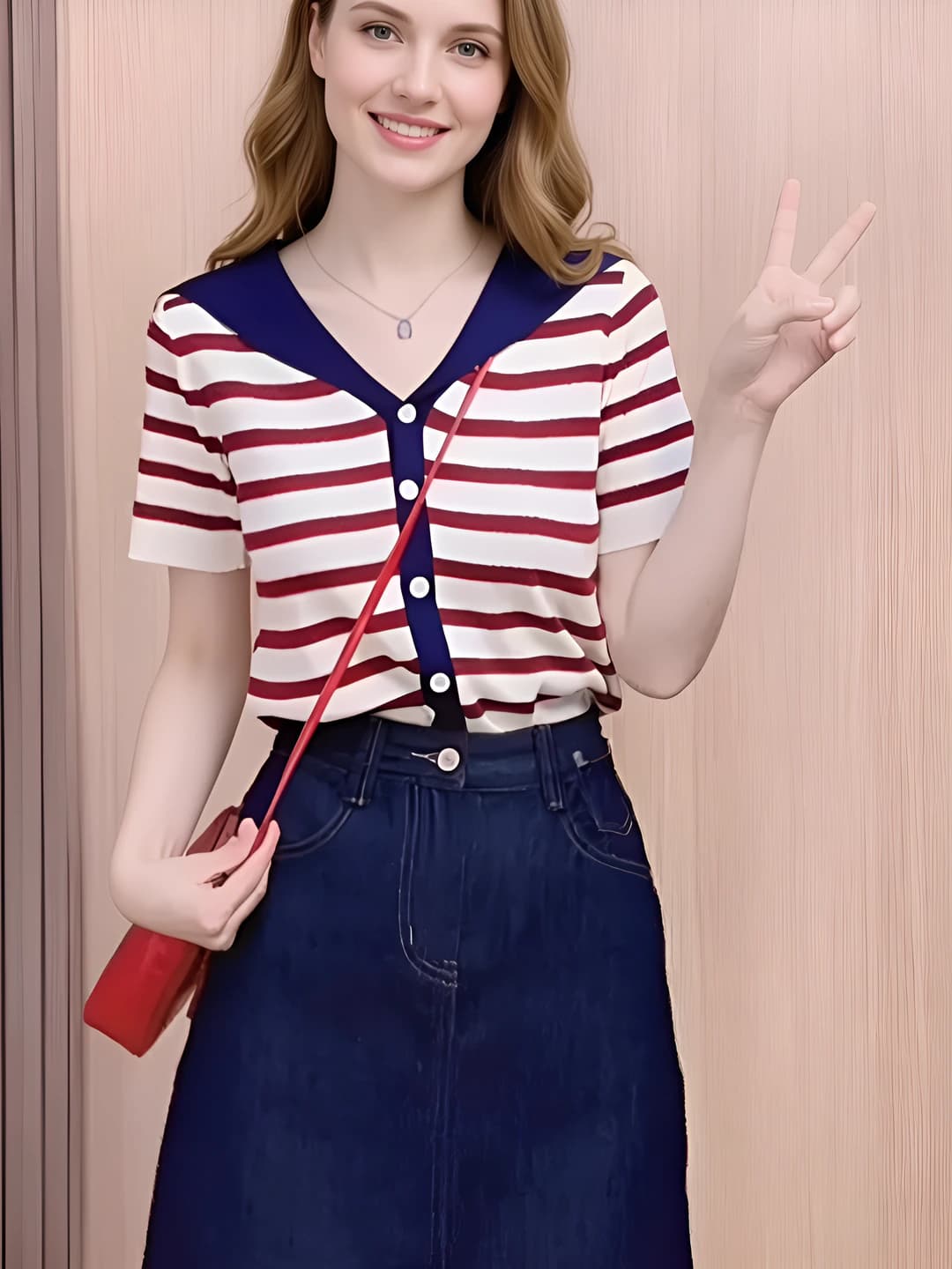 Women's knitted top: for petite, Korean style, summer 2026, V-neck, striped, loose fit, short sleeve