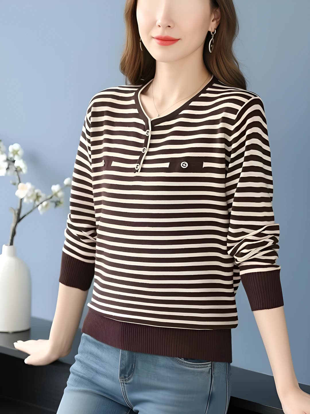 Women's retro striped knit top, slimming, loose fit, V-neck, long sleeve, spring-autumn