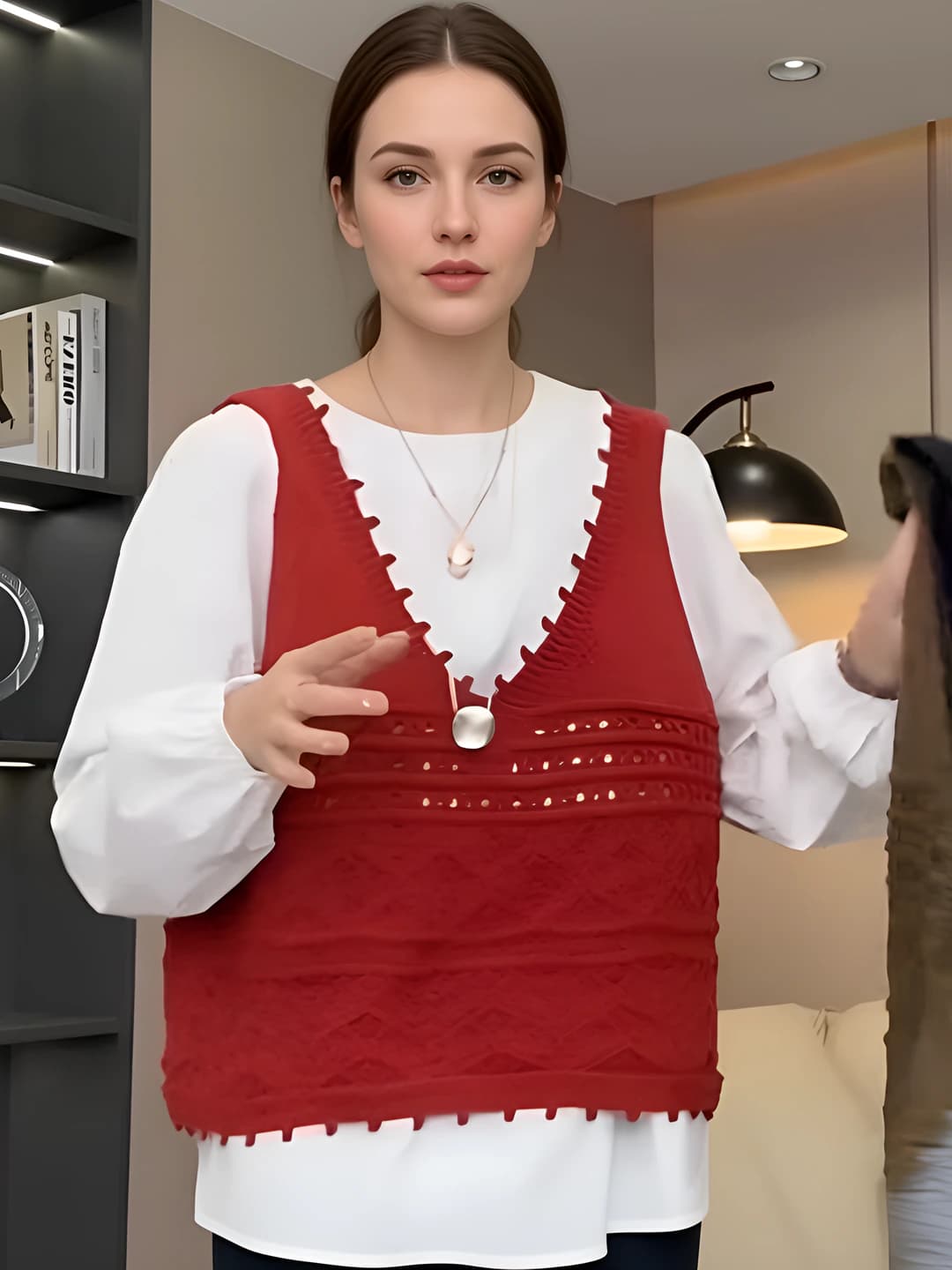 Ayollar uchun bahor-yozgi yengsiz V-yoqali bir rangli sviter jilet, bo'sh (oversize) kesim, o'yma naqshli