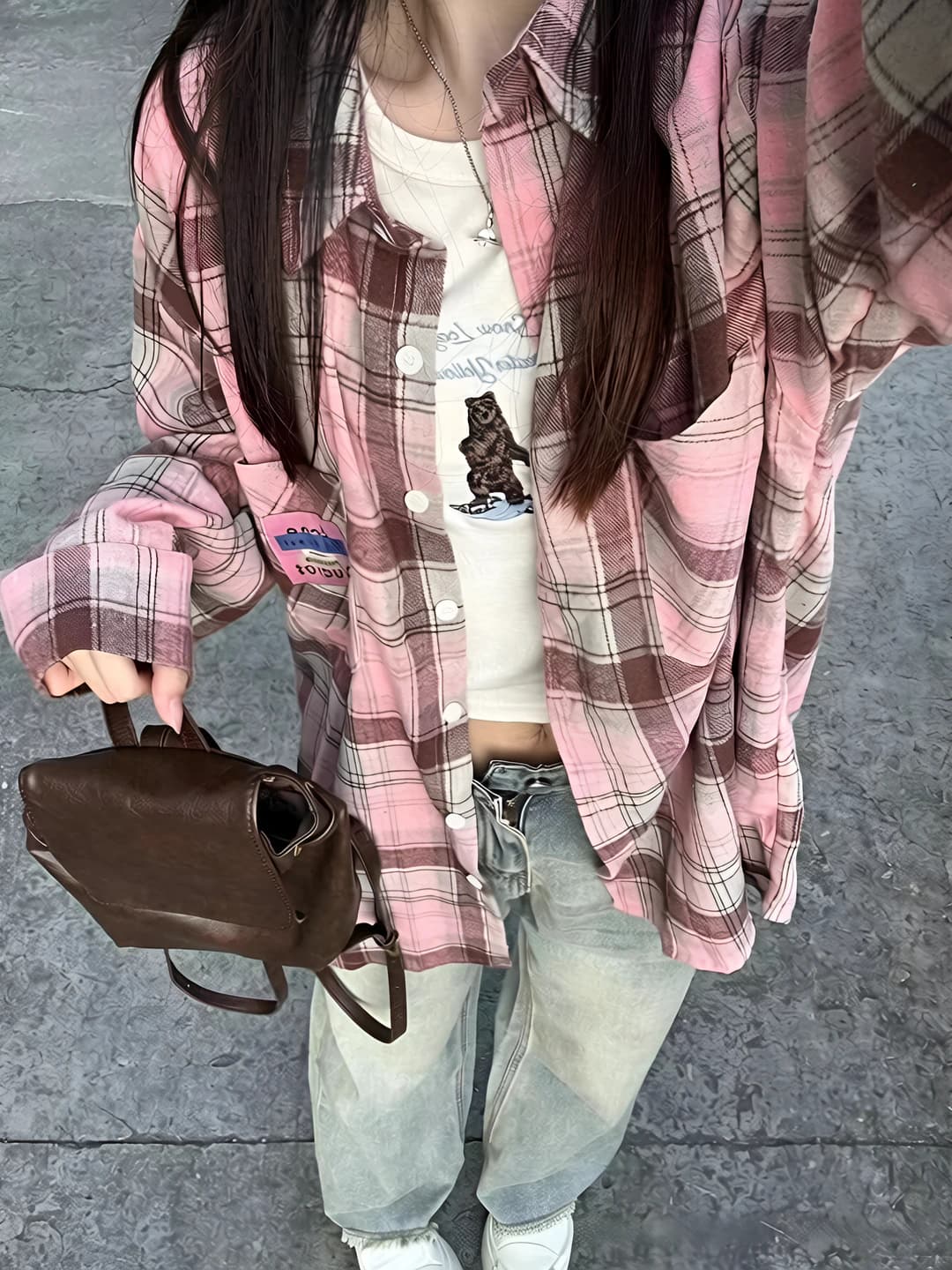 Women's checked long-sleeve shirt with lapel collar, loose fit, mid-length