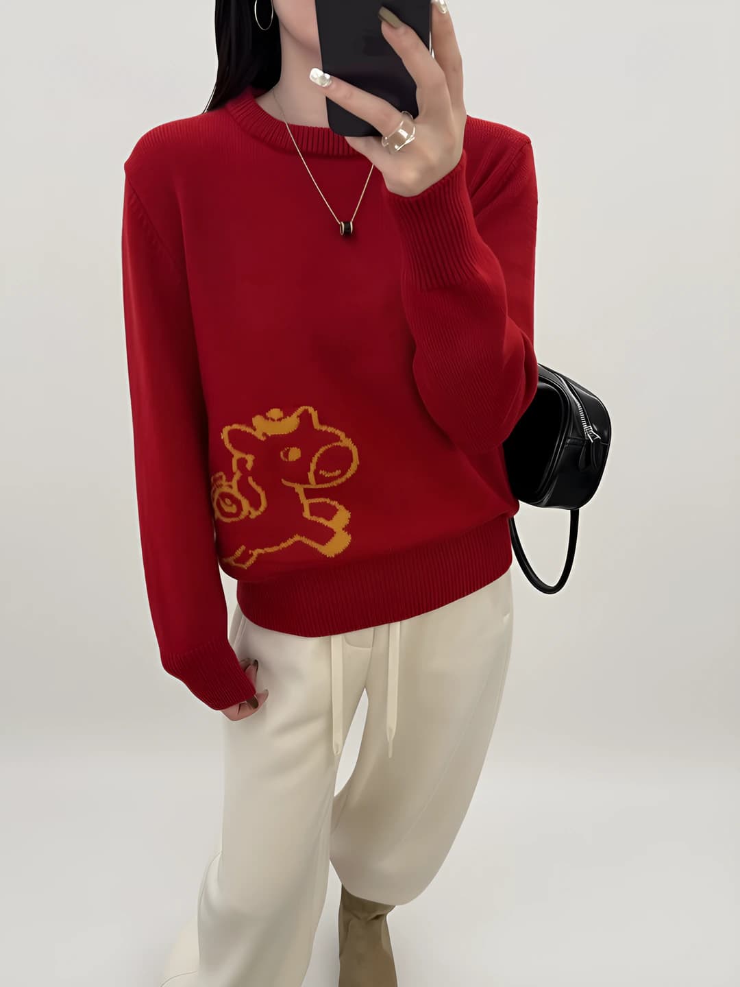 Women's crew neck, long sleeve, loose fit, thick wool blend sweater, casual style