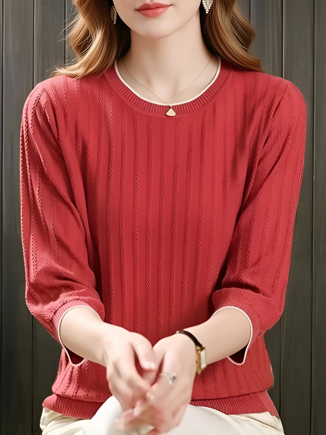 Women's thin solid colour loose fit crew neck three-quarter sleeve sweater for spring-autumn