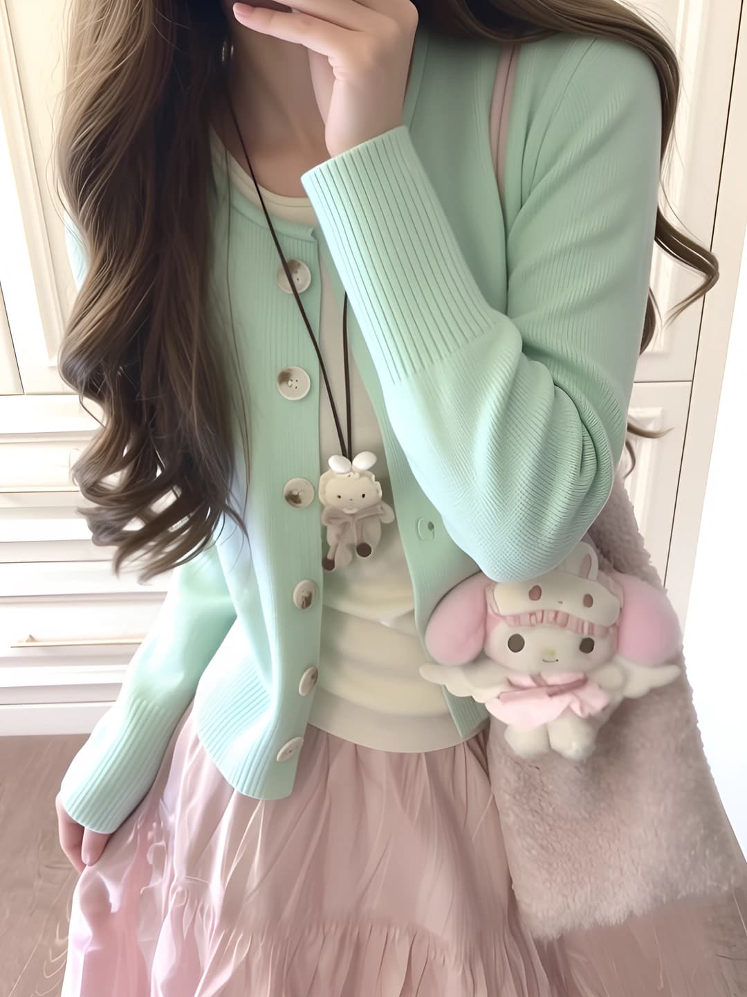 Women's 2026 spring blue knit cardigan, crew neck, long sleeve, loose fit, button closure