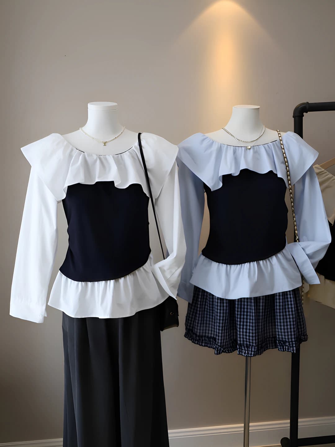 Women's 2026 autumn Korean style long sleeve blouse with crew neck, cropped, color block pattern, regular fit, non-stretch, pullover closure, with neck label and tag, featuring ruffles and fake two-piece design