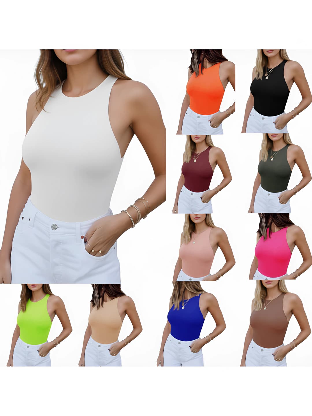 Women's sleeveless jumpsuit bodysuit with crew neck and elastic waist