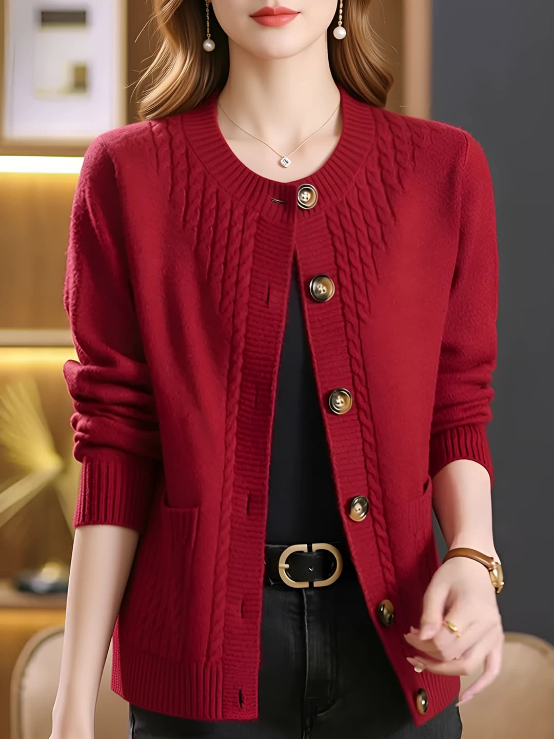 Women's spring-autumn cable knit cardigan with crew neck, loose fit, long sleeve, solid colour, casual style