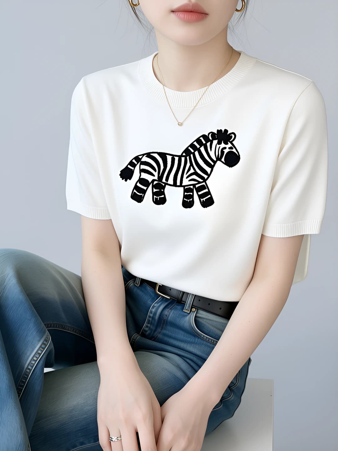 Women's crew neck short sleeve knit top, summer, slim fit, slimming, casual style