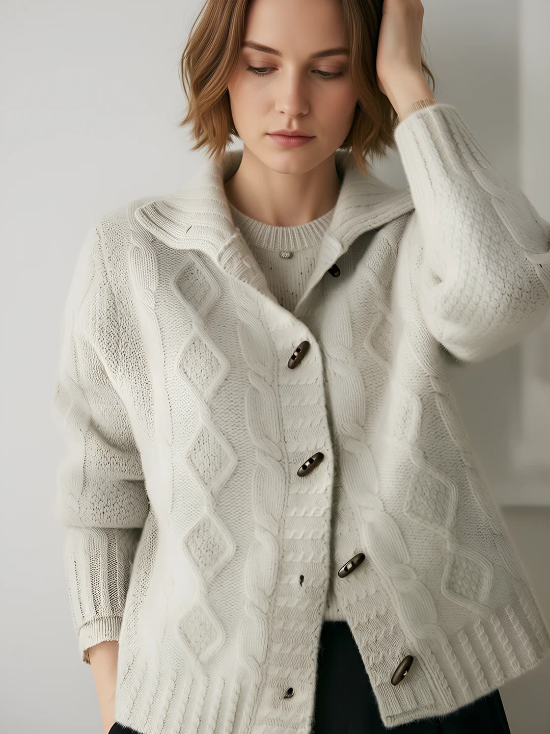Women's cashmere retro cardigan, cable knit, thickened, loose fit, mock neck, long sleeve, solid colour, autumn-winter