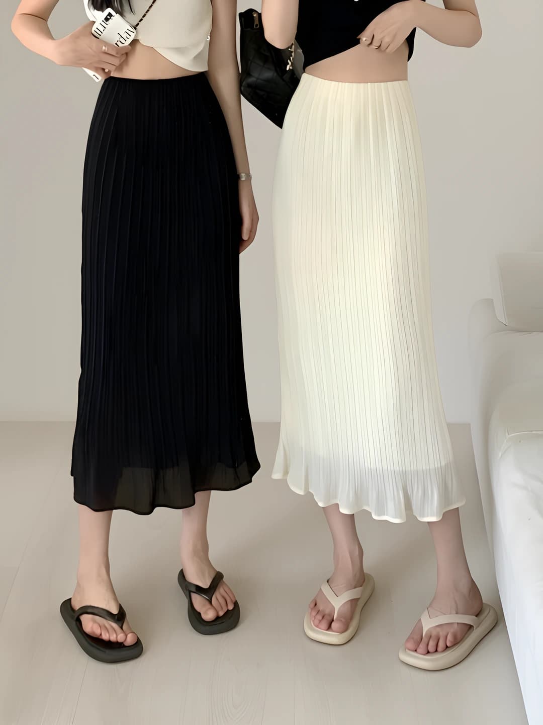 Women's thin black high waist mid-length pleated skirt summer 2026