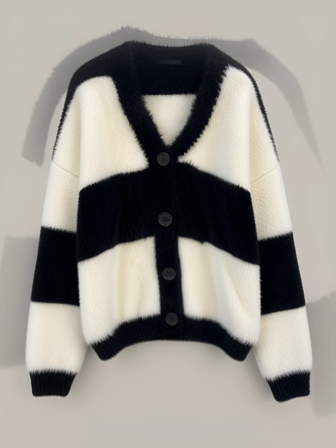 Ayollar uchun sun'iy norka juni chiziqli kardigan, bahor-kuz, V-yoqa, uzun yeng, bo'sh (oversize) kesim, yopiq tuxumli