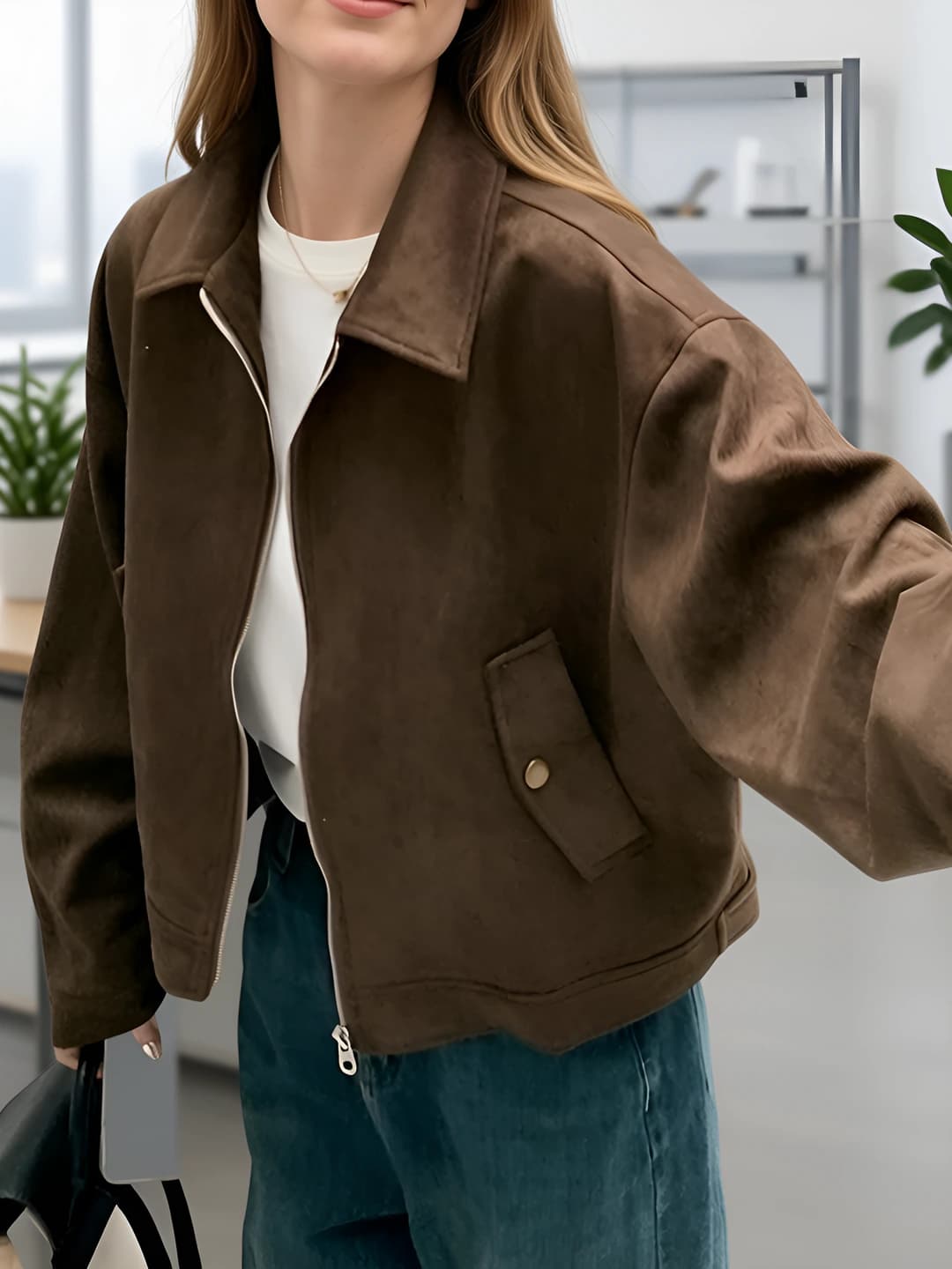 Ayollar uchun retro uslubdagi qahva rangli meyerd suede moto kurtka, bahor-kuz, kalta, bo'sh (oversize) kesim, uzun yeng, fermuar, past bo'ylilar uchun