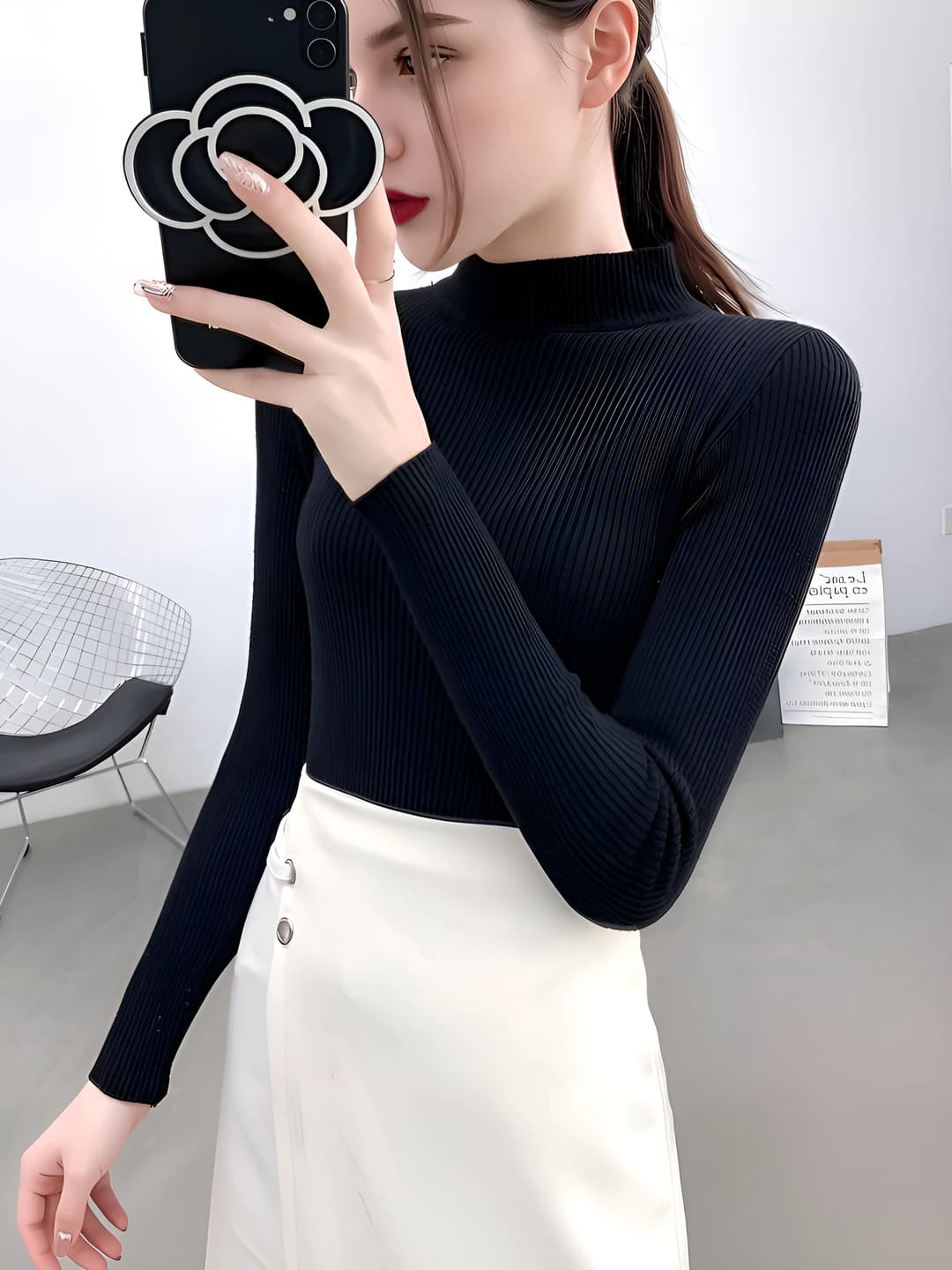 Women's 2026 spring-autumn knit top, mock neck, slim fit, long sleeve, solid colour, cropped