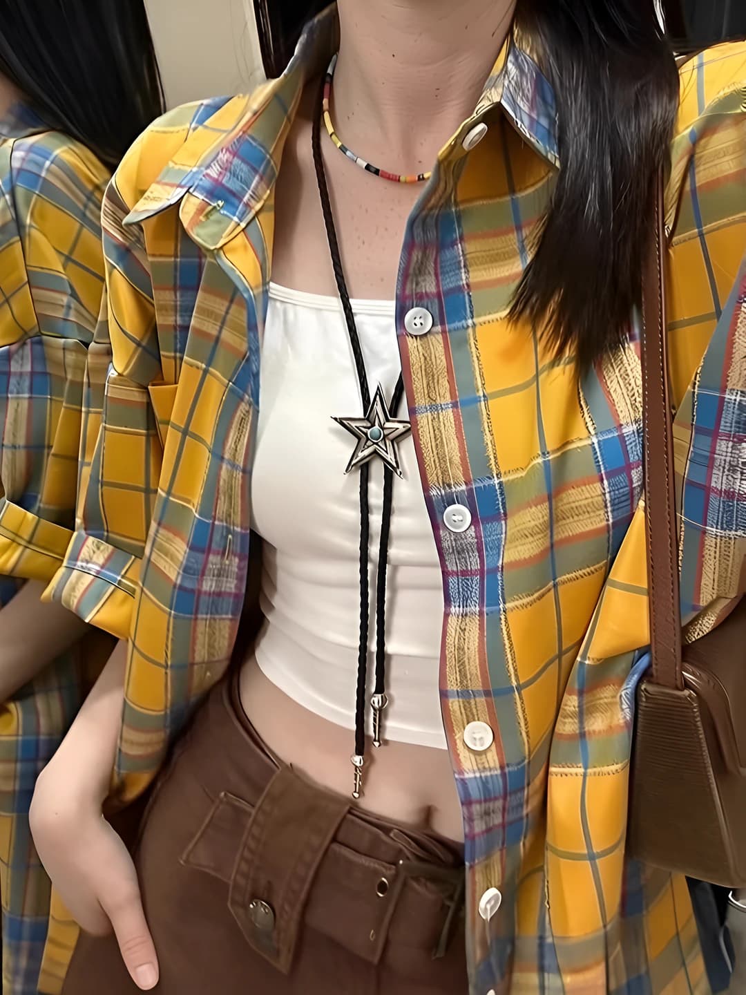 Women's POLO collar checked short-sleeve shirt, summer, Korean style, loose fit, casual