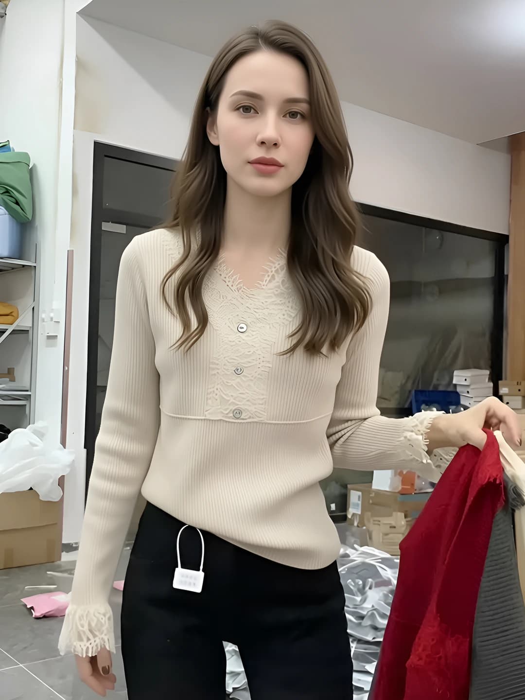 Women's lace-trim V-neck long-sleeve knit top, spring-autumn, 2026, slim fit, slimming, long-sleeve base top