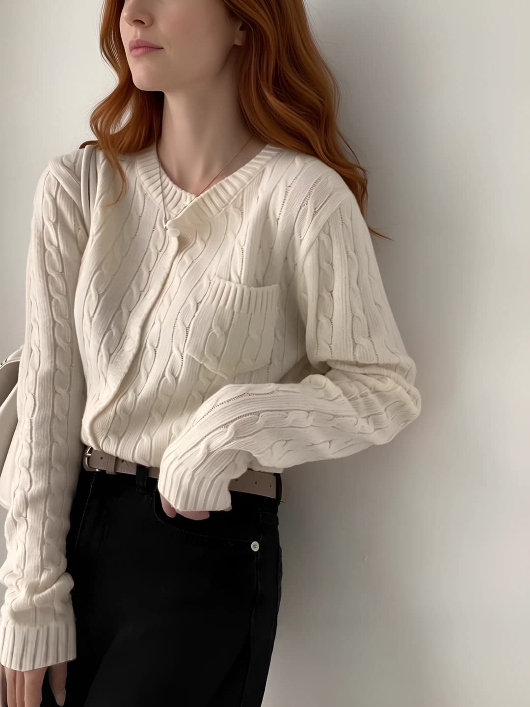 Women's cable knit sweater for autumn-winter, long sleeve, 95% wool