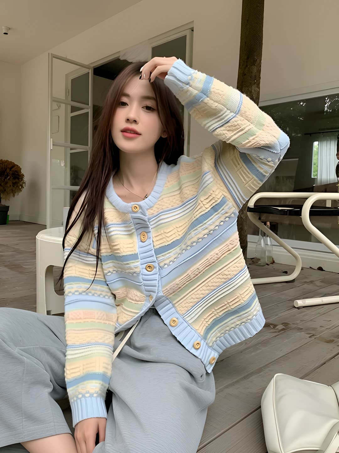 Women's striped knit cardigan for autumn, loose fit, long sleeve, crew neck, polyester