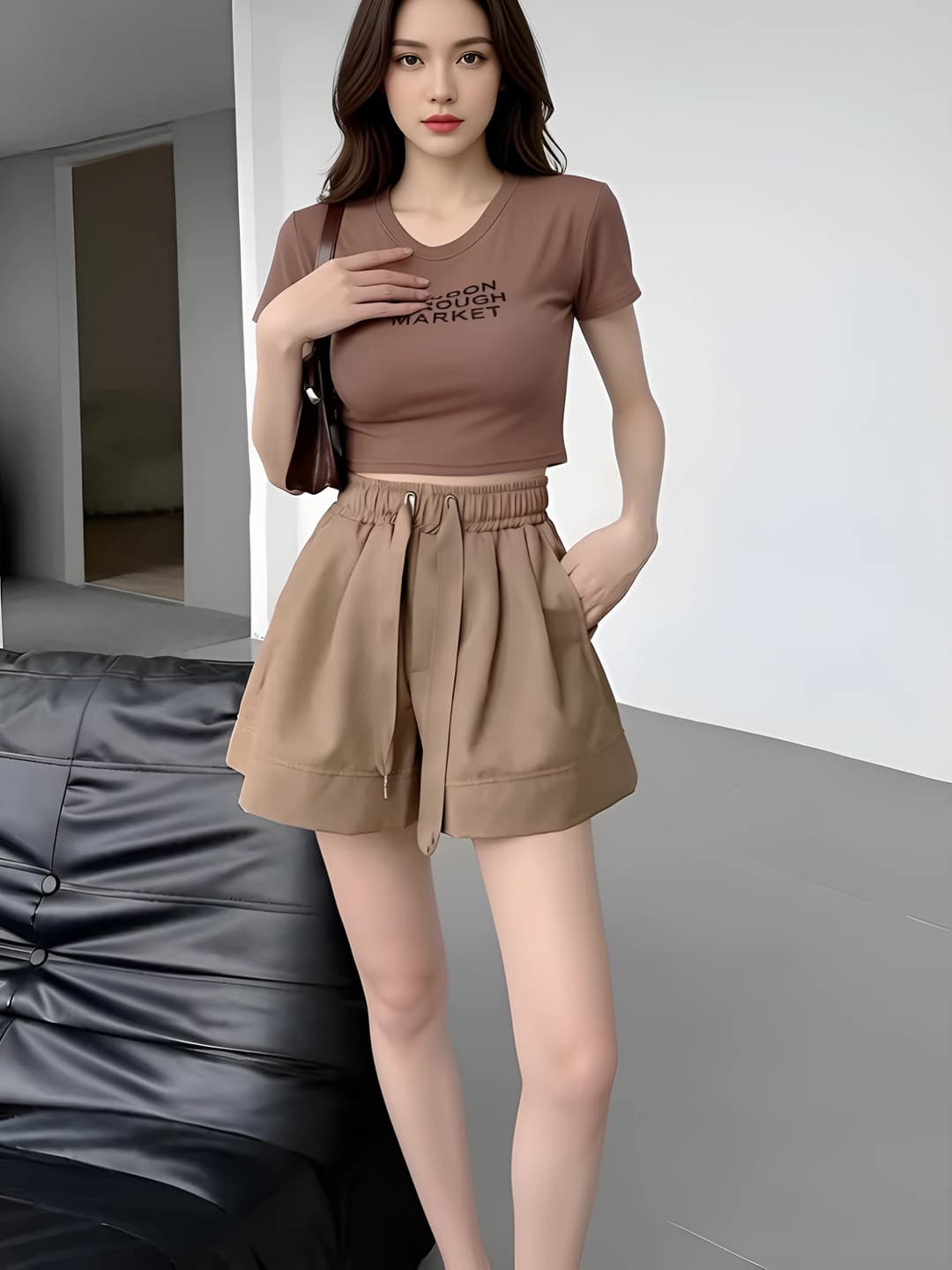 Ayollar uchun yozgi sport shorti, bo'sh (oversize) to'g'ri kesim, baland bel, elastik bel, nozik ko'rsatadigan, katta o'lcham, 70% paxta, 30% poliester