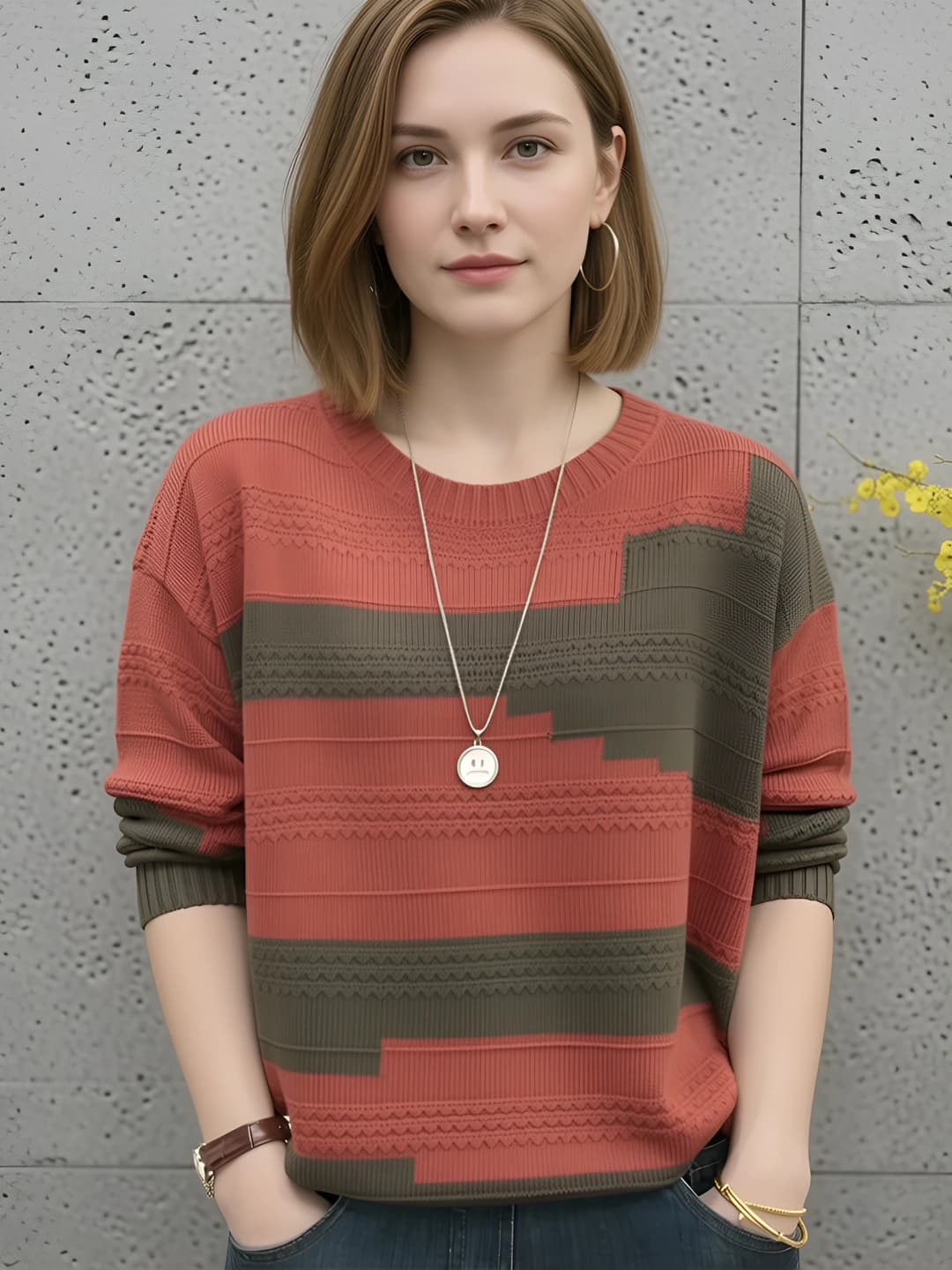 Women's crew neck thin knit top, loose fit, long sleeve, spring-autumn