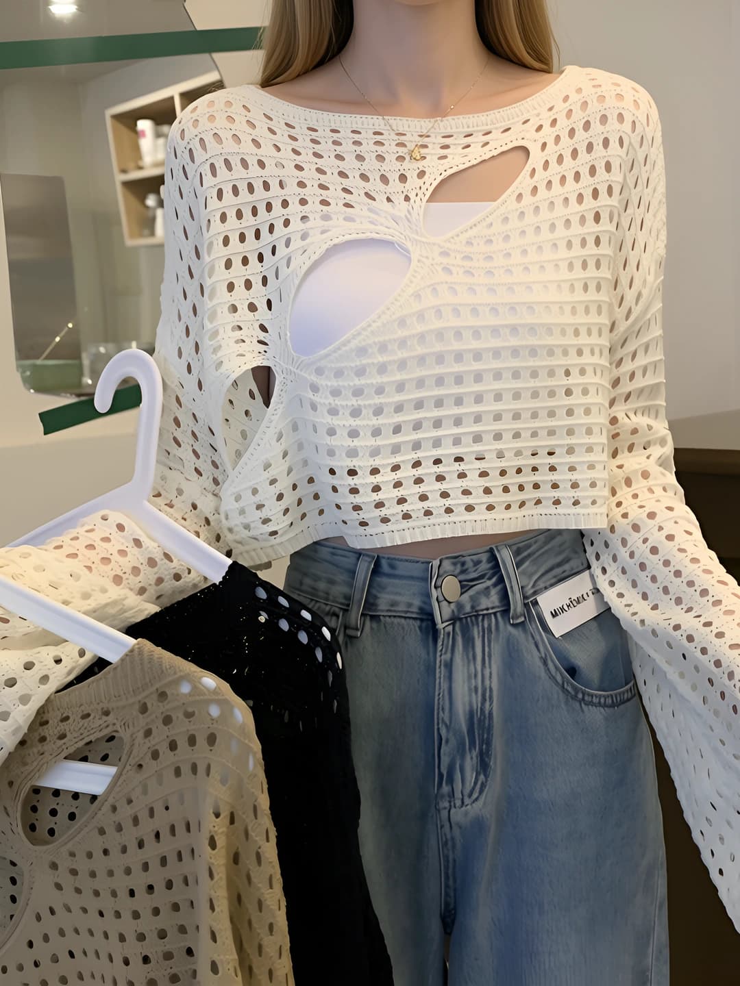Women's 2026 summer knit top, long sleeve, loose fit, crew neck, sun-protective, airy and semi-sheer