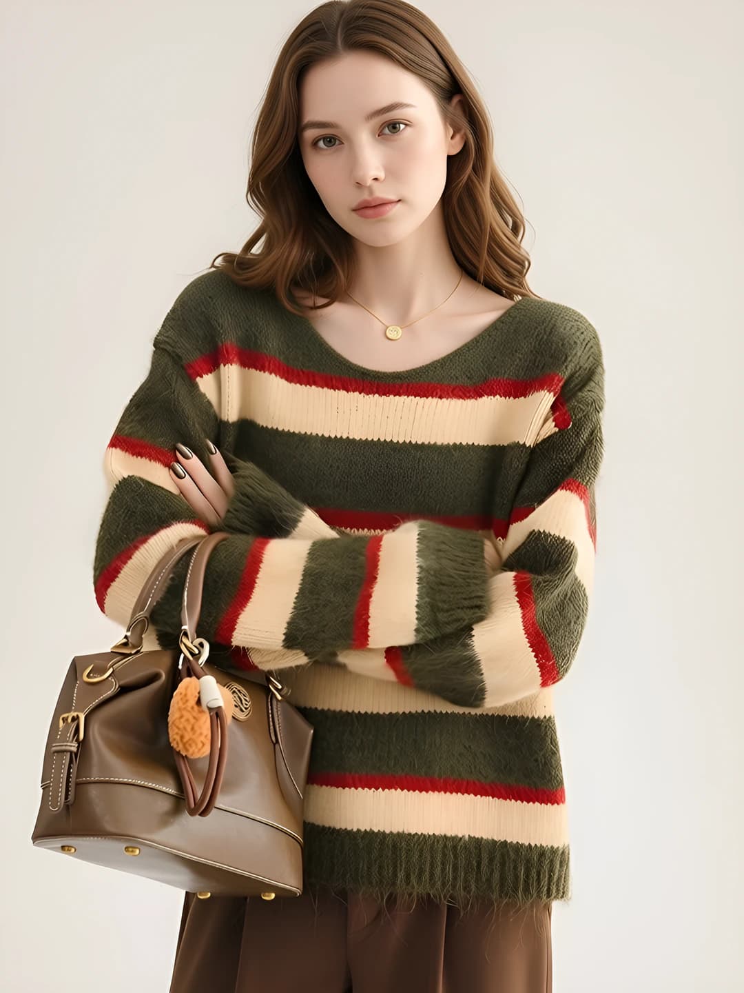 Women's striped sweater, loose fit, V-neck, long sleeve, polyester fabric