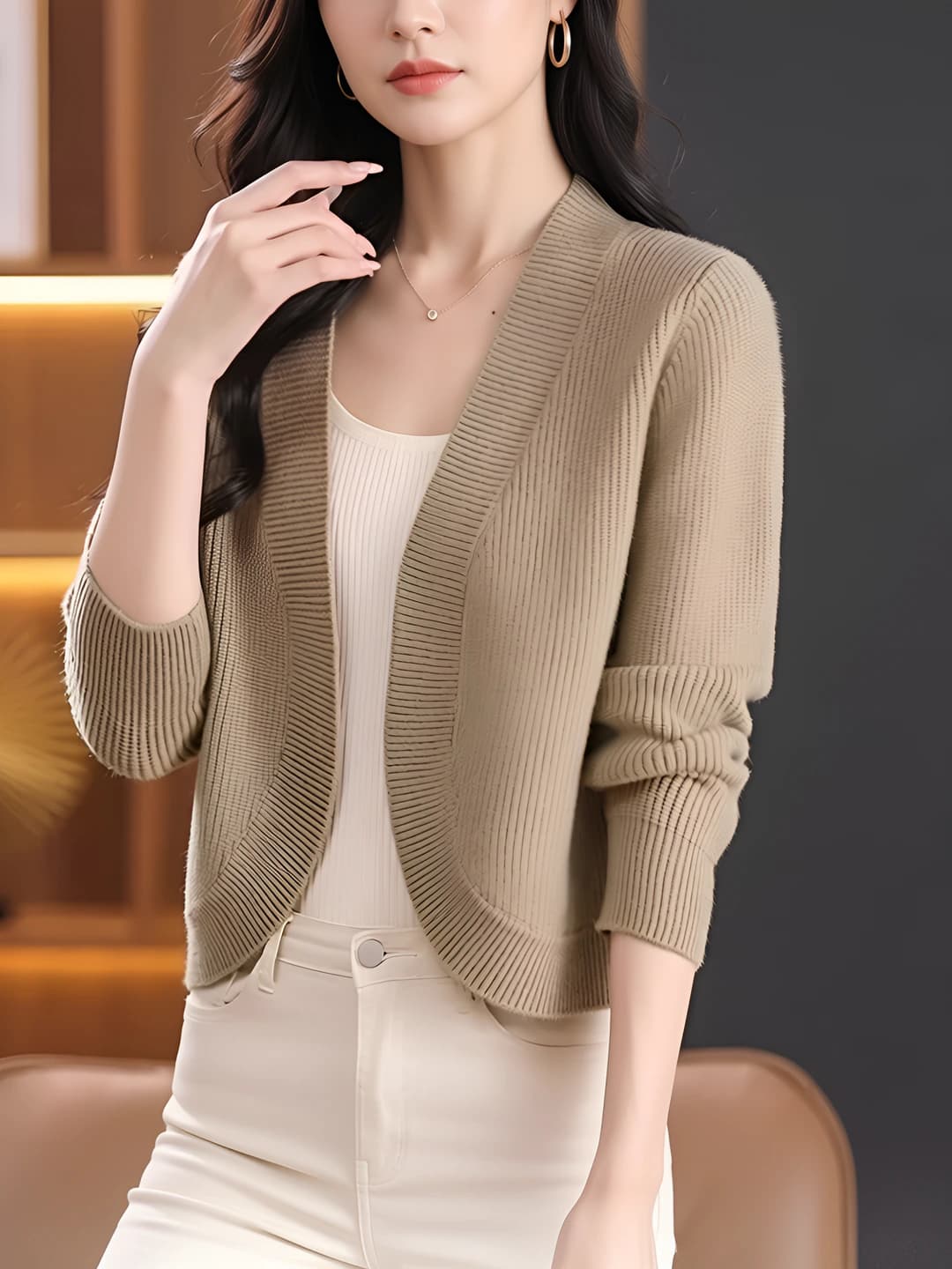Women's spring-autumn knit cardigan, cropped, sun-protective, thin, loose fit, V-neck, long sleeve, solid colour