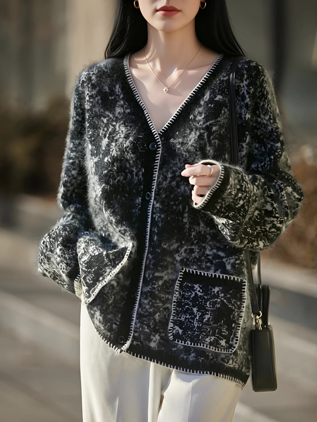 Women's autumn-winter wool cardigan, V-neck, loose fit, long sleeve, thick, pullover