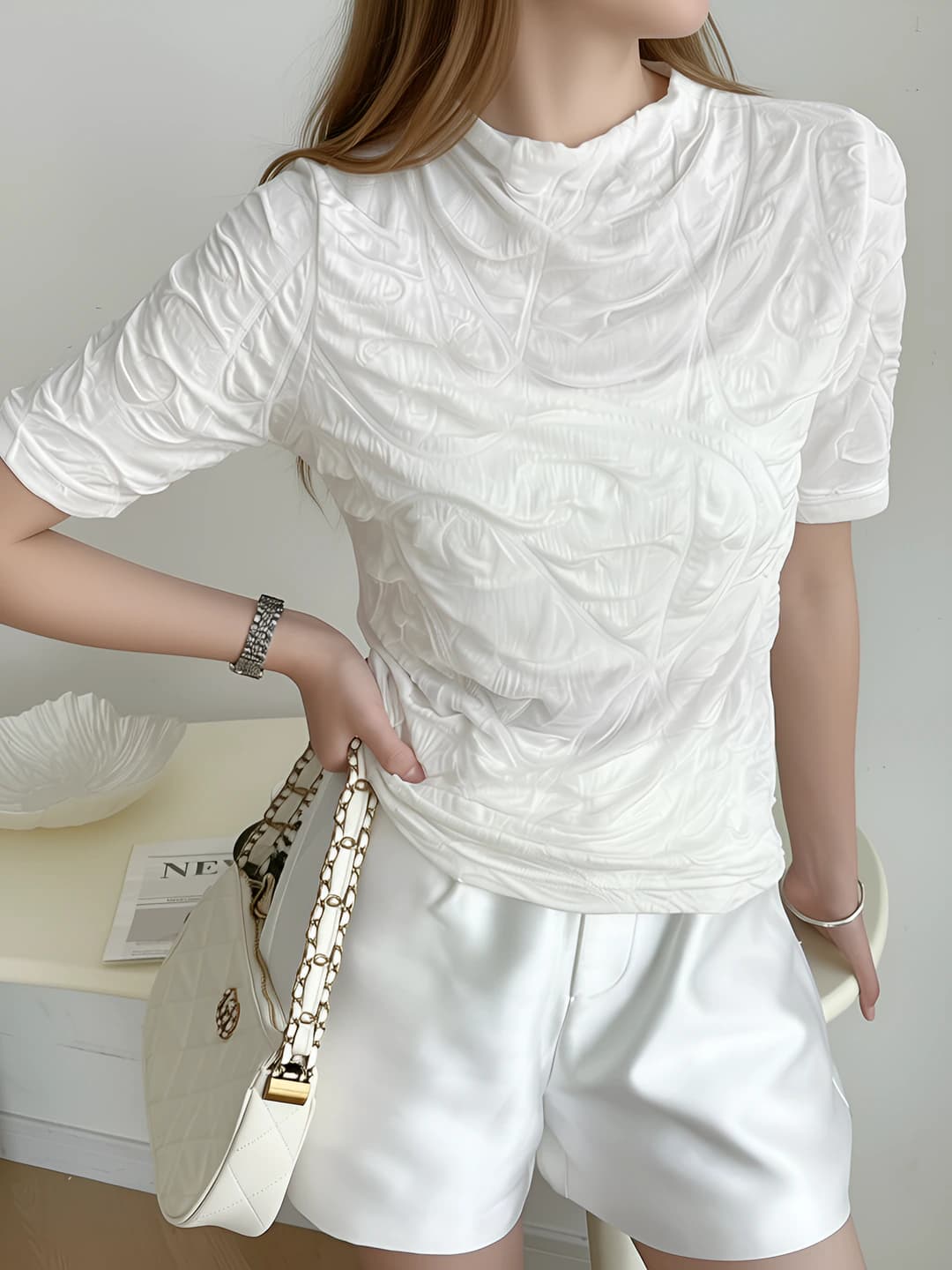 Women's short sleeve crew neck t-shirt, thin acetate fabric, slim fit, casual style, summer 2026
