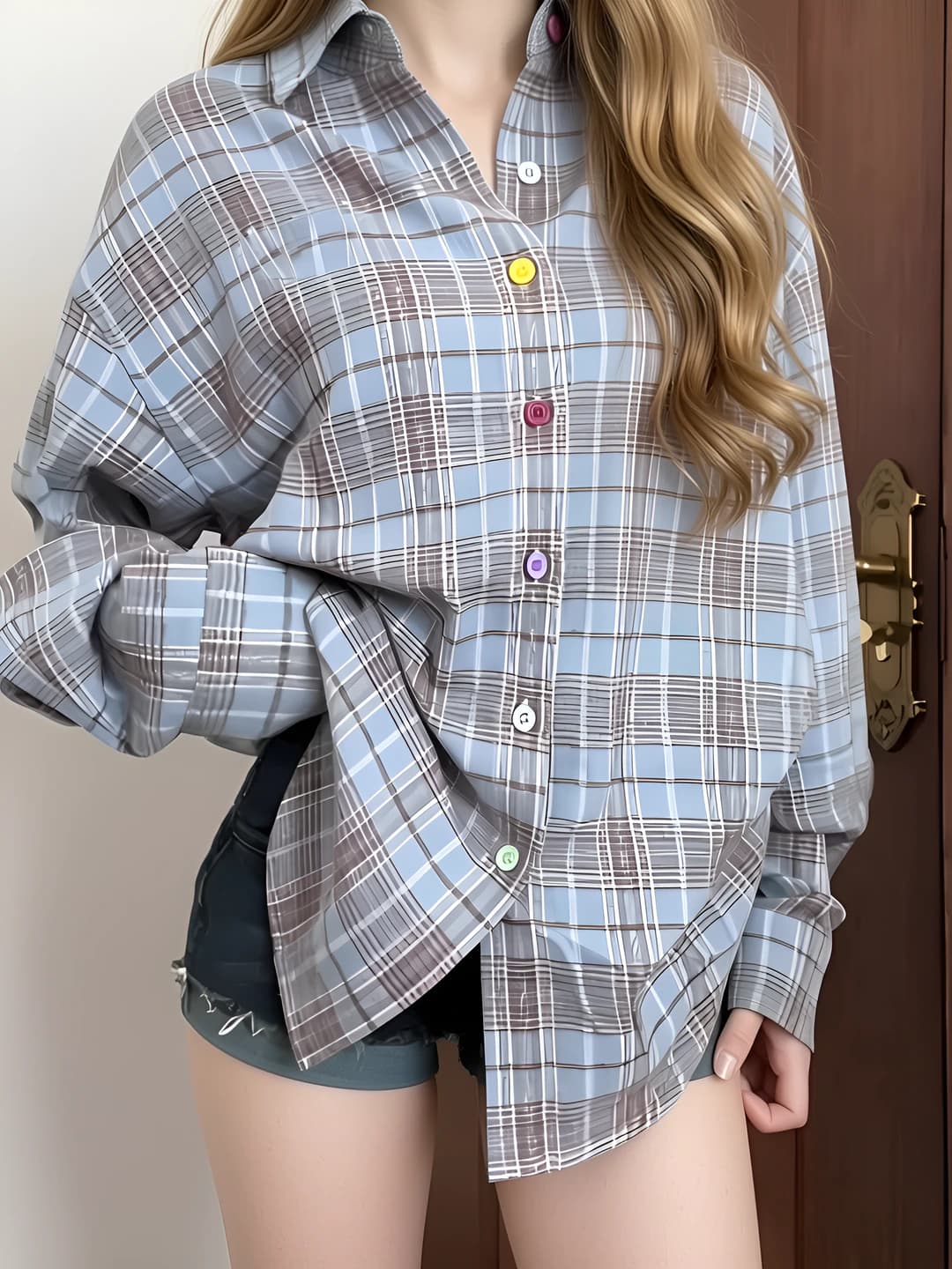 Women's retro checked shirt, spring-summer, sun-protective, loose fit, long sleeve, POLO collar, casual style