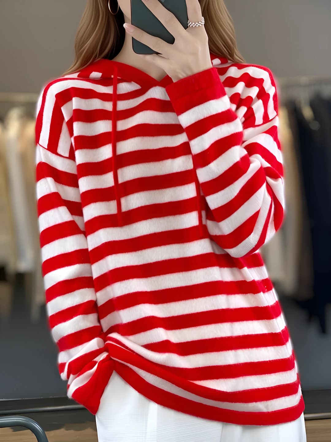 Women's hooded wool sweater for autumn-winter, loose fit, striped, slimming, long sleeve, 95% wool, cashmere, sweatshirt style