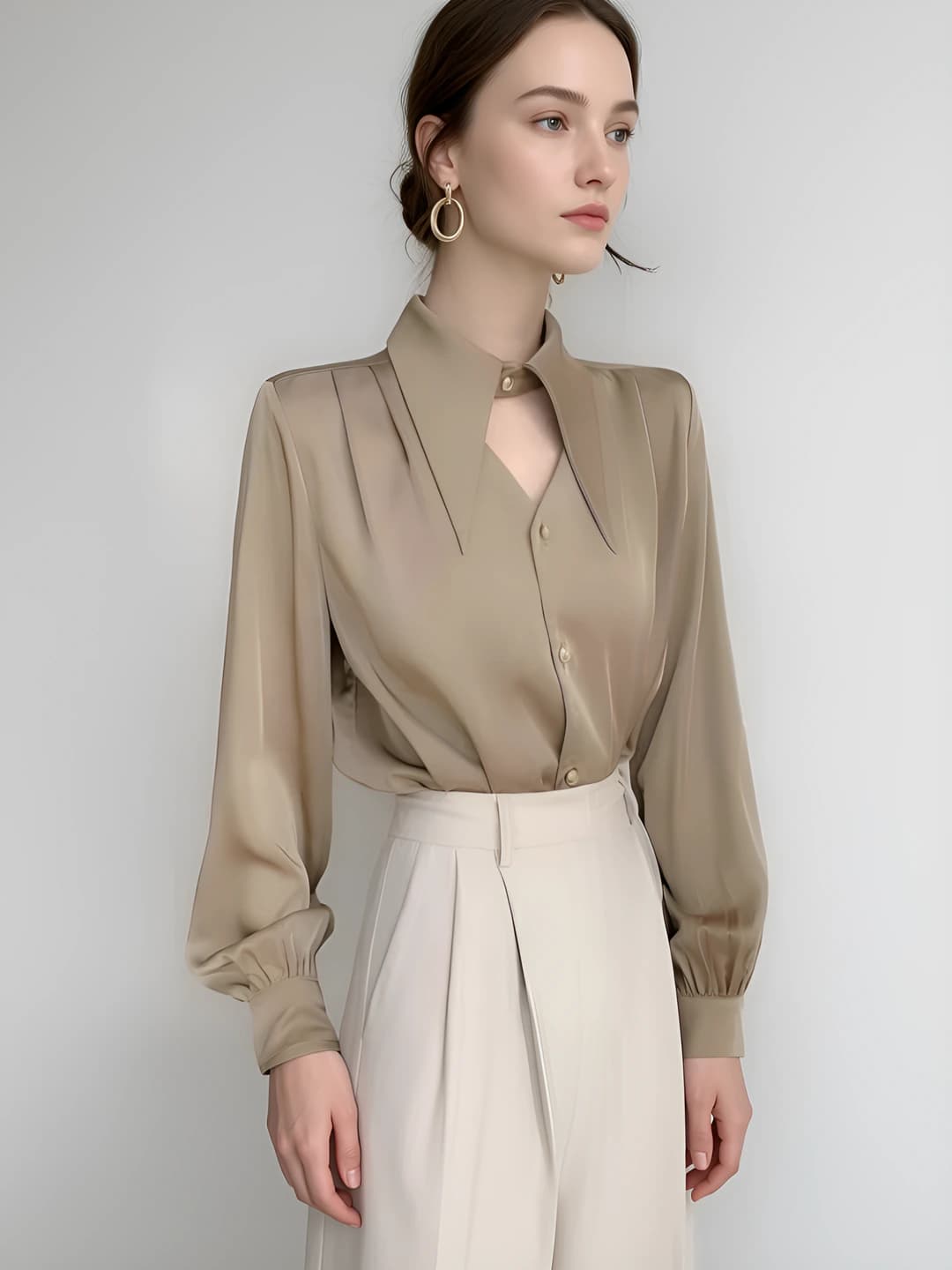 Women's V-neck blouse, slim fit, long sleeve, solid colour, retro style