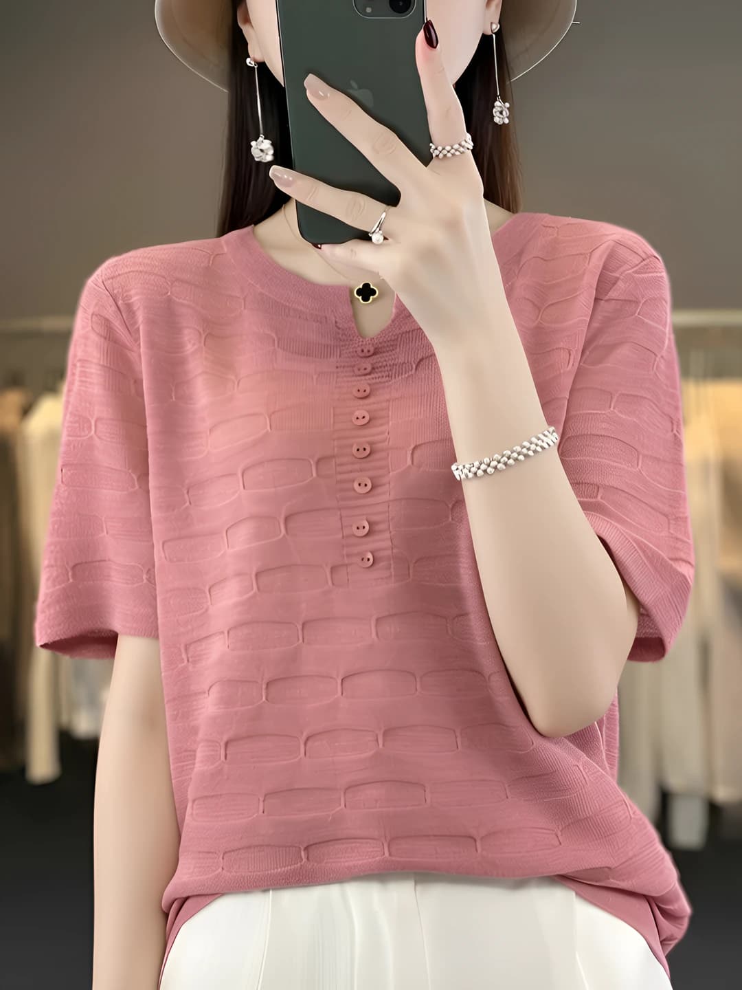 Women's casual loose fit ice-silk fabric thin knitted short-sleeve top, summer, 3D pattern, crew neck