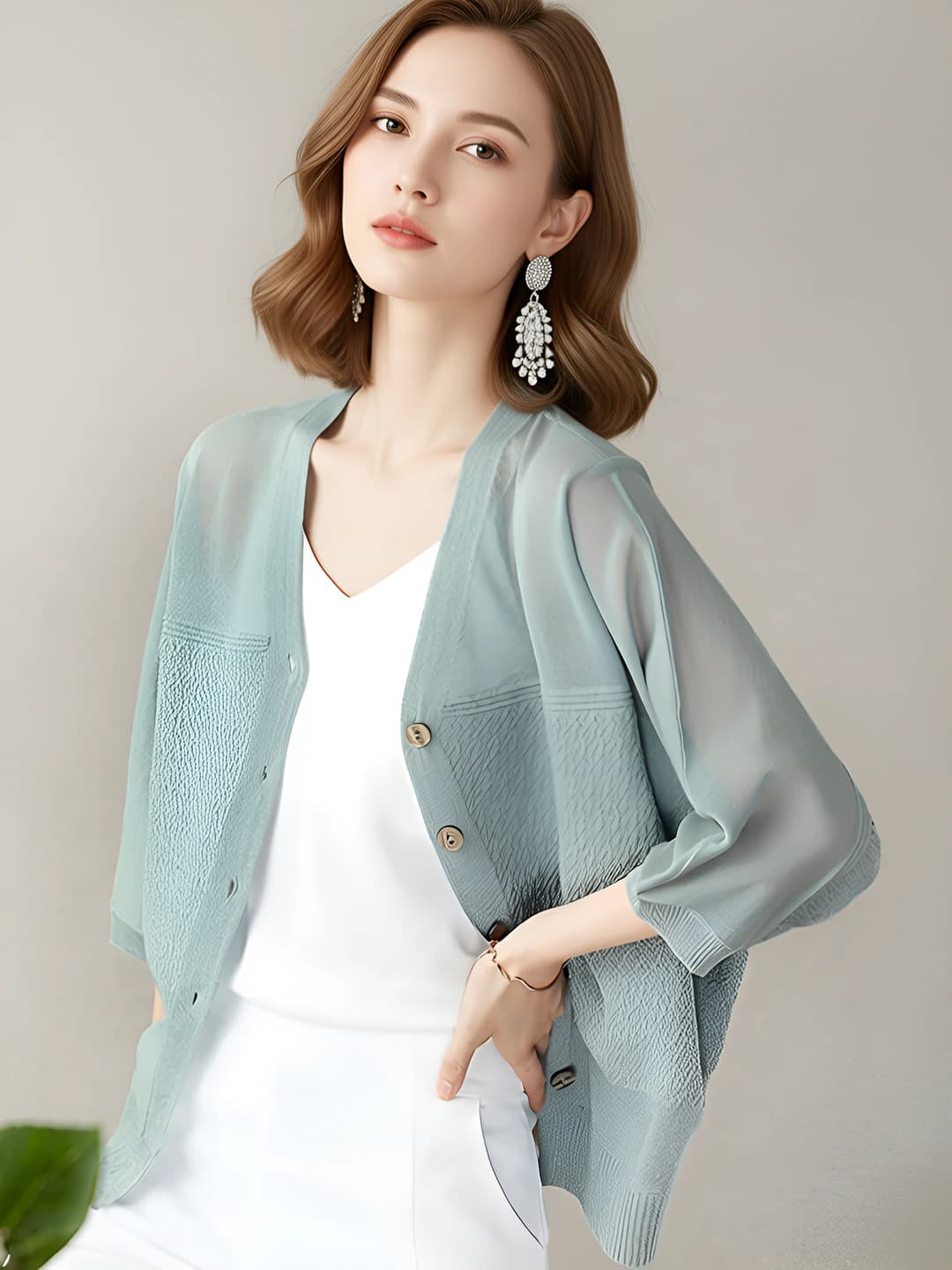Women's ice-silk fabric knit cardigan, thin, spring-summer, solid colour, loose fit, three-quarter sleeve, sun-protective